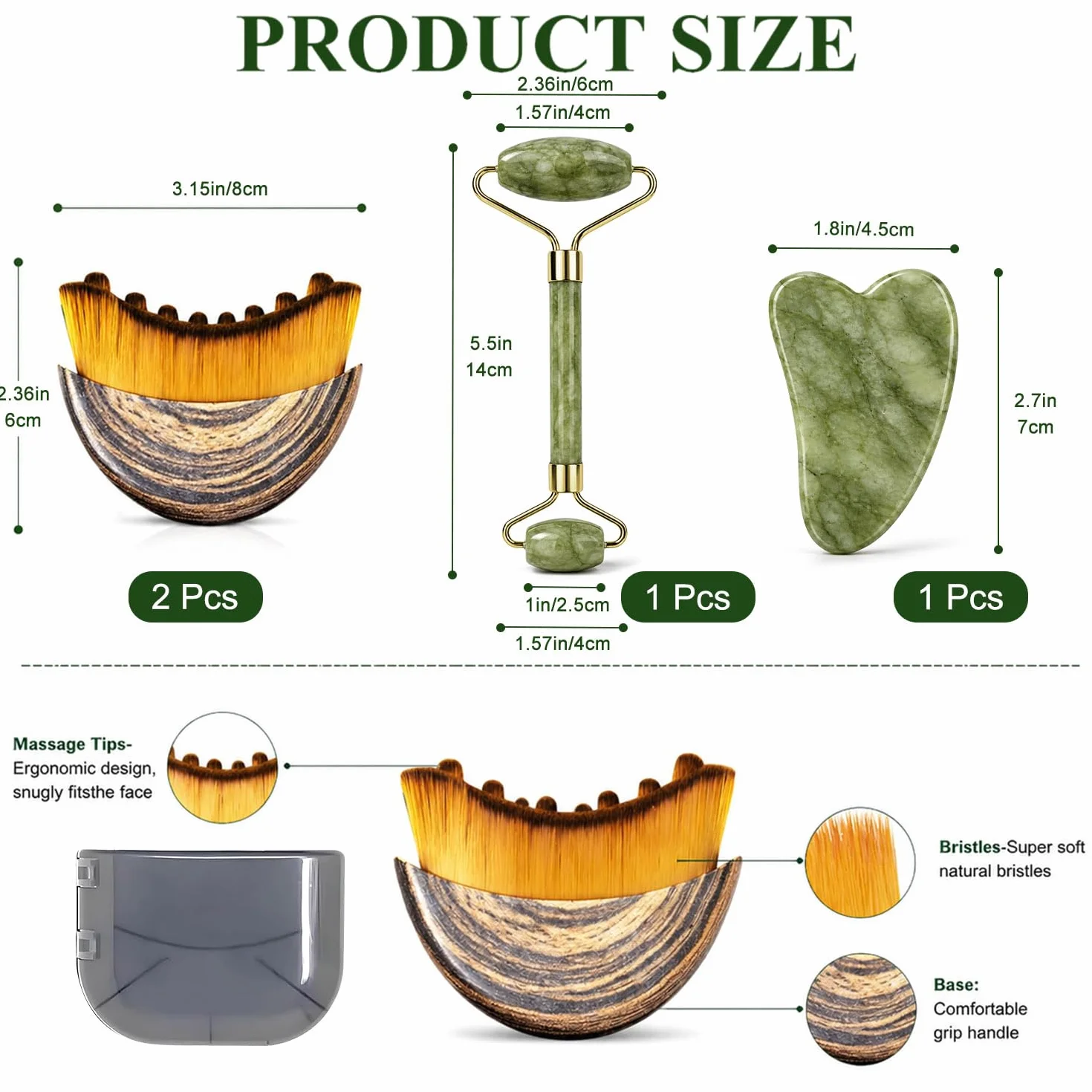 Cepillos Linfáticos Faciales Set 4 Piezas Jade Gua Sha y Rodillo de Jade Masaje Tensado Facial
