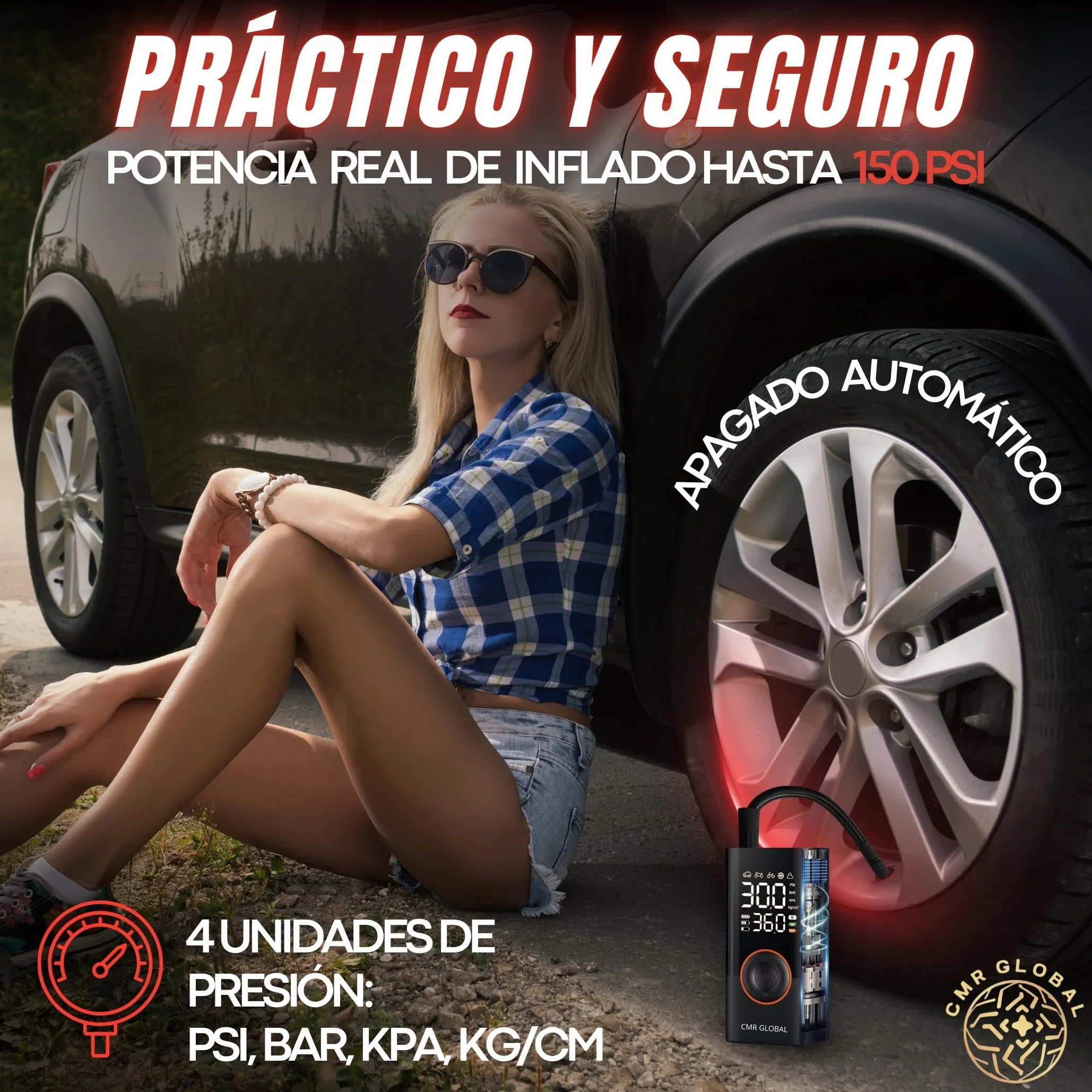 SUPER PRO Compresor Aire Portatil. Inflador Ruedas Coche. Inflador Eléctrico con Linterna 150 PSI para Coche Moto Bicicleta Pelota. Hinchador eléctrico Batería Recargable 4000 mAh. Viaje Emergencia