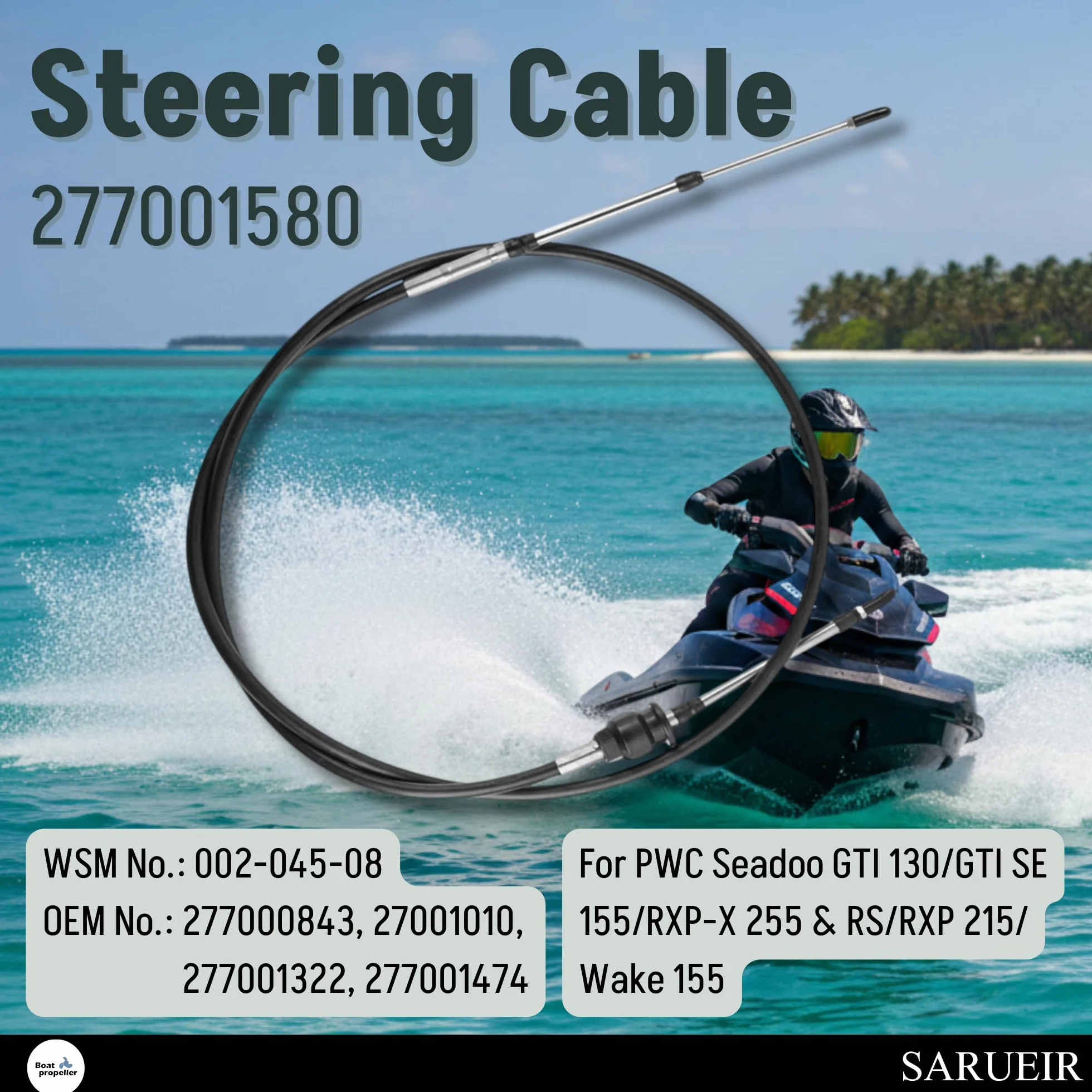 Cable de dirección 277001580 compatible con PWC SEADOO GTI 130/GTI SE 155/RXP-X 255 y RS/RXP 215/Wake 155 (longitud total alrededor de 221 cm)