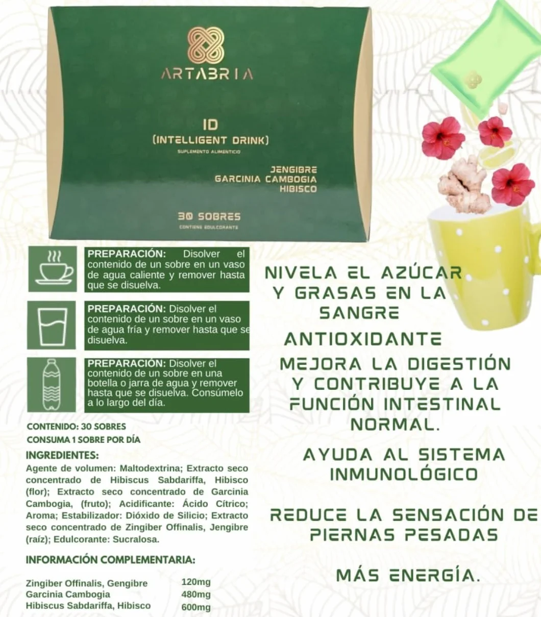 Artabria Inteligent Drink Bez Kofeiny z Imbirem, Garcinia Cambogia i Hibiskusem, 30 Saszety