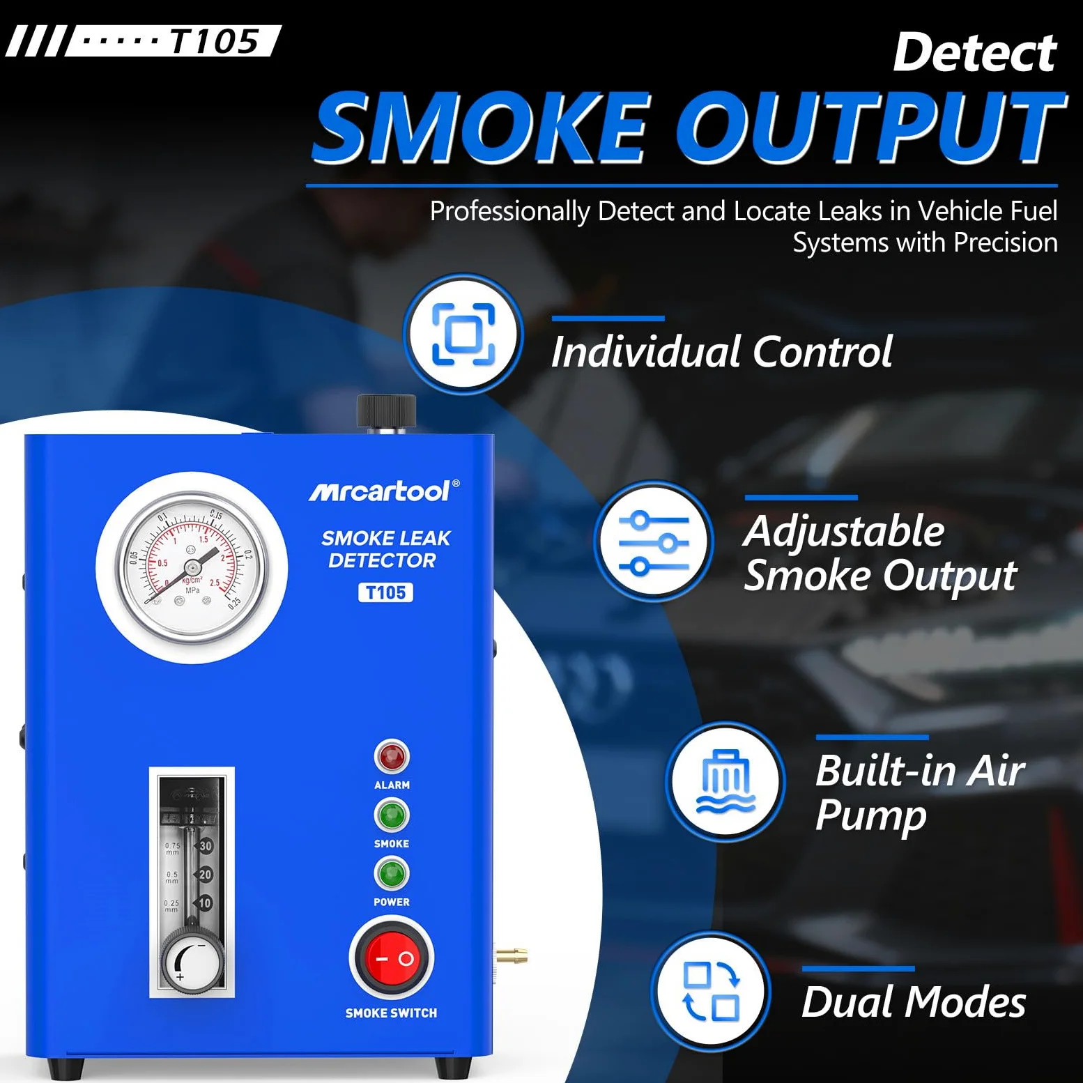 BELEY T105 Detector de Fugas de Humo automotriz con Bomba de Aire integrada, Probador de vacío EVAP con manómetro, para Sistemas de tuberías y carburante, Compatible con Coches, Motos y Barcos