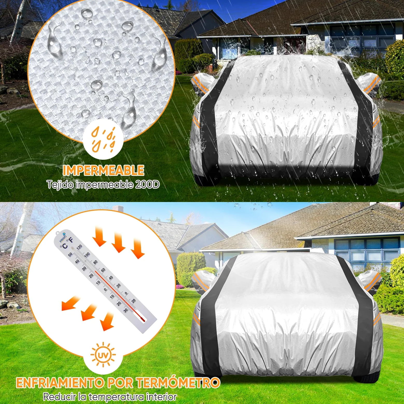 NEVERLAND Funda Coche SUV XL Impermeabile 2500PA - Cubierta Exterior 210D Oxford Plata Reflectante Solar Negro Antigranizo con Tiras Naranjas Alta Visibilidad para BMW X5 Mercedes GLE, Audi Q7|510cm
