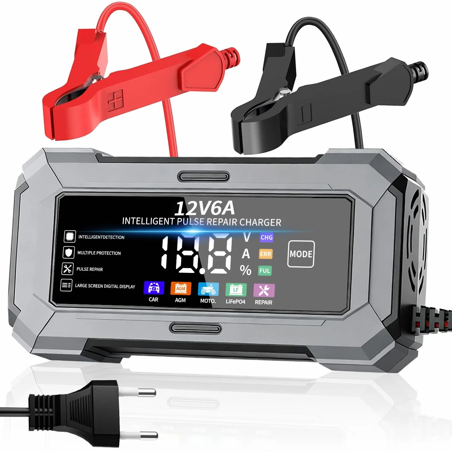 TANYO Cargador de Baterias de Coche, 12V Inteligente Cargador de Baterias Coche y Moto con Función de Reparación Automática y Pantalla LCD, 6A Cargador de Bateria para Auto, Moto, Camión, AGM, Gel