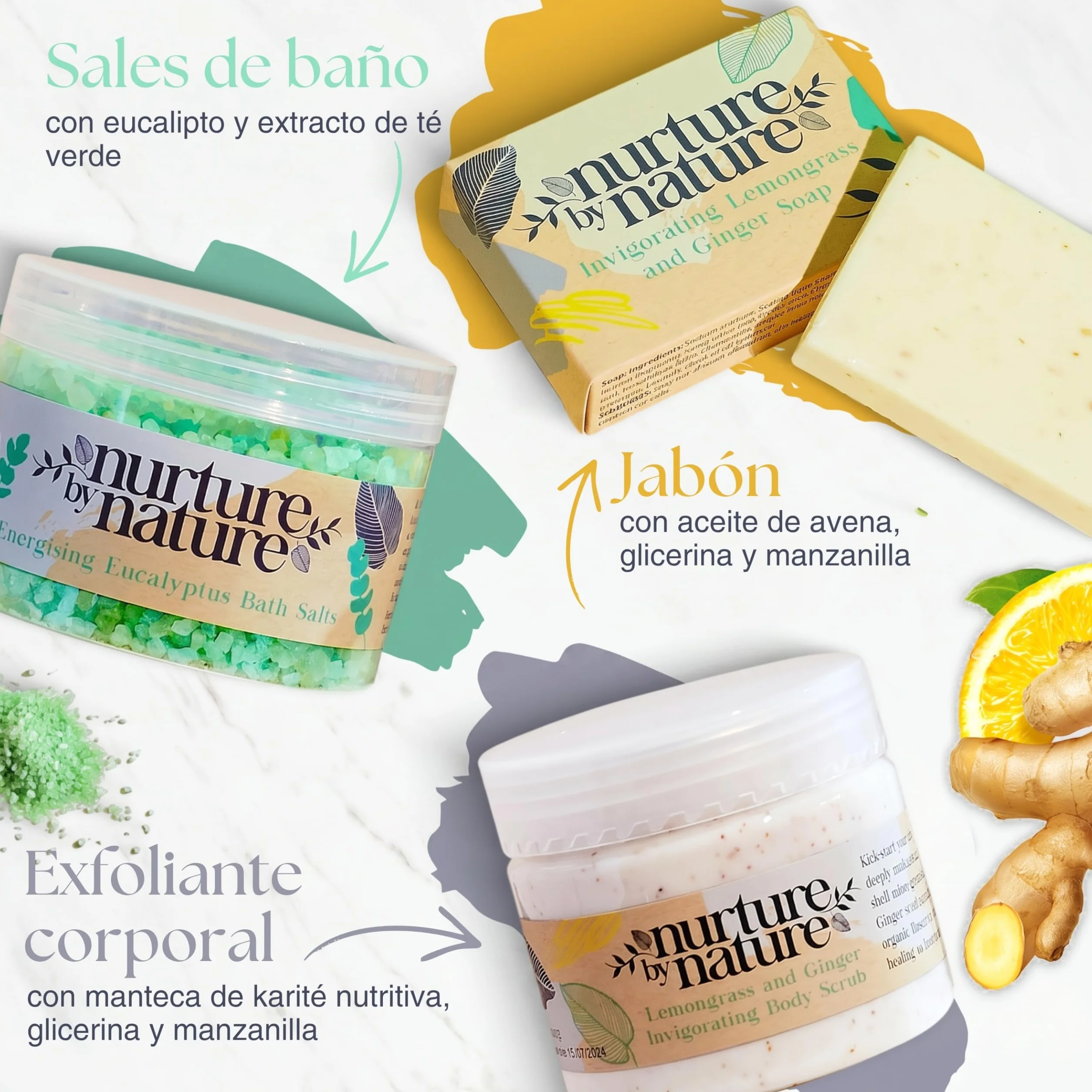 Nurture By Nature Set de Regalo para Mujer, Aceite Esencial, Sales de Baño, Jabón, Bombas de Baño, Vela