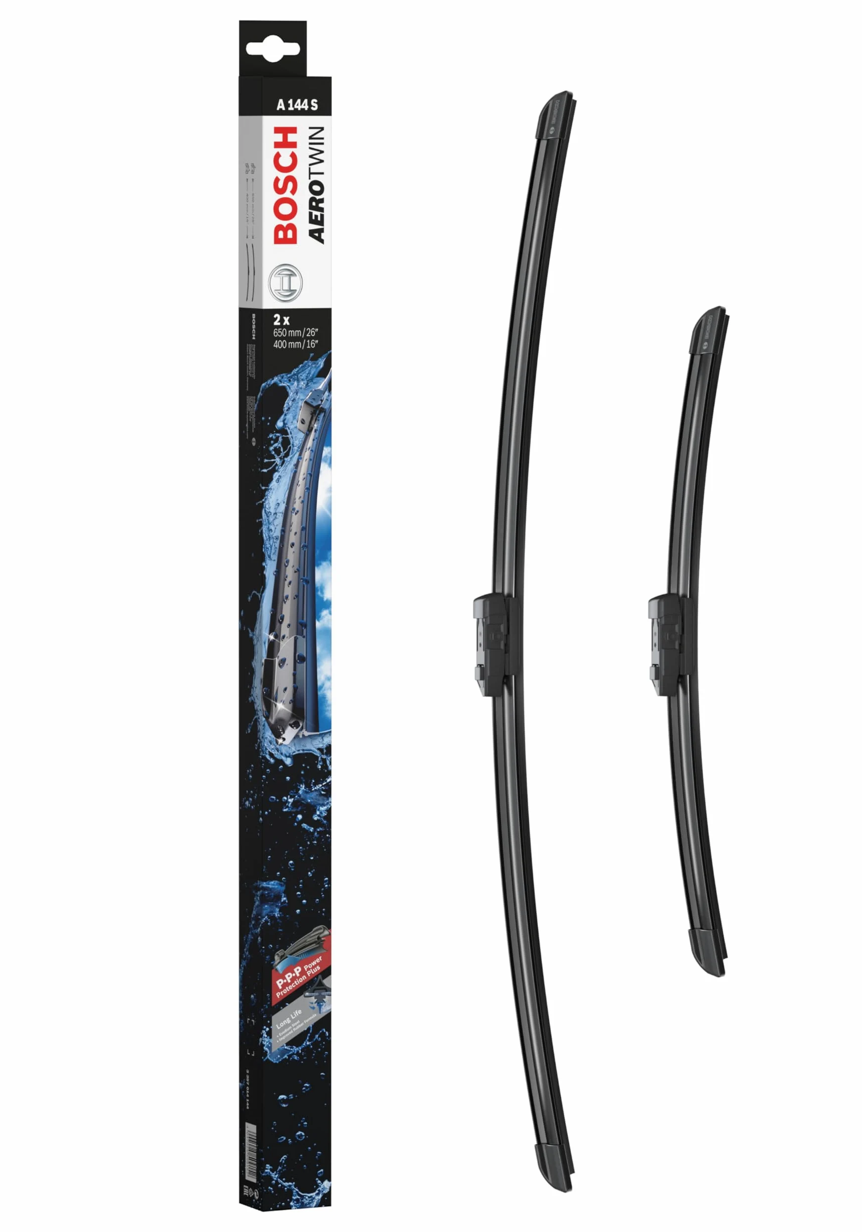 Escobilla limpiaparabrisas Bosch Aerotwin A144S, Longitud: 650mm/400mm − 1 juego para el parabrisas (frontal) - Válidas únicamente para vehículos con volante a la derecha (UK)