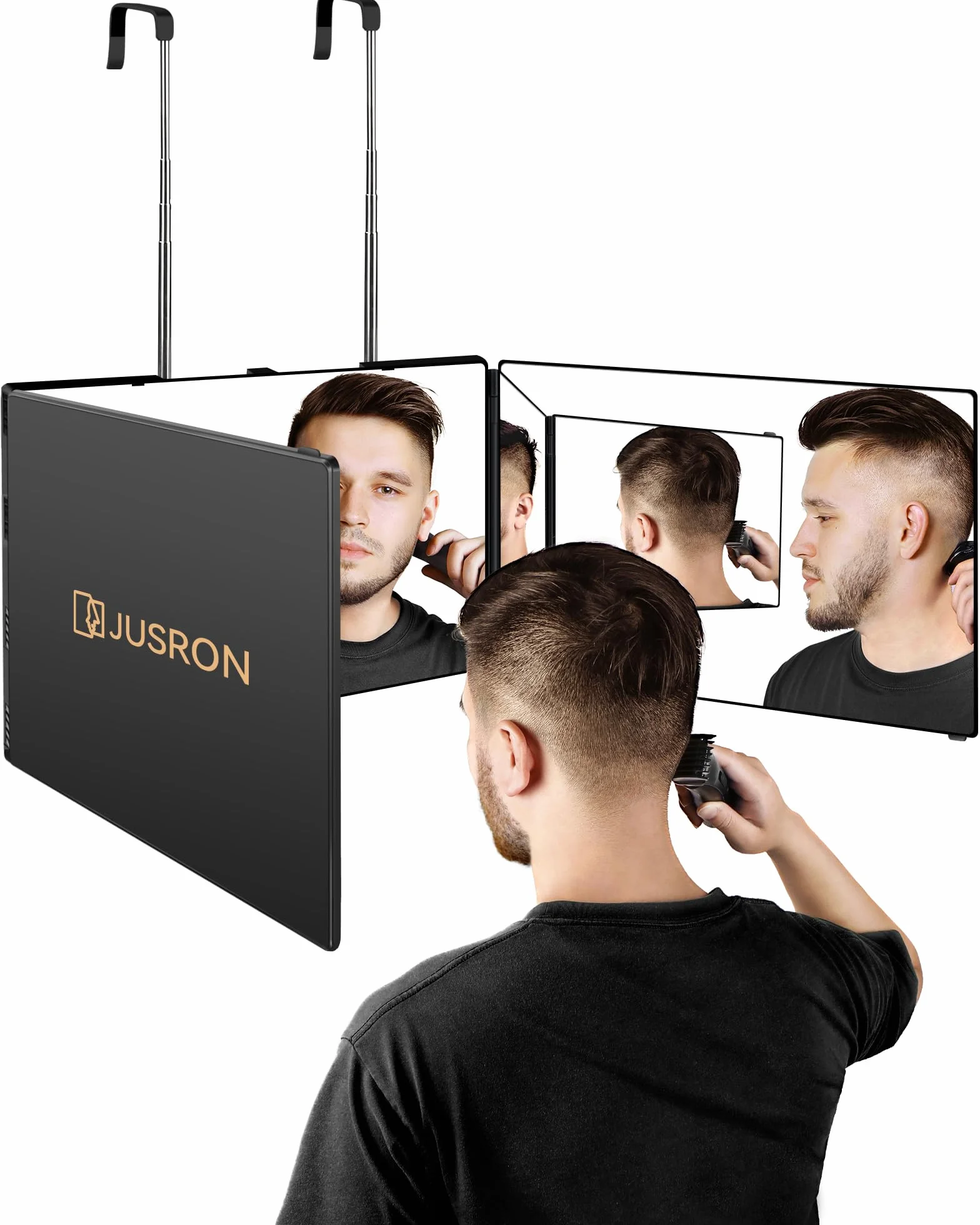 JUSRON Espejo de 3 Vías, Espejo 360º Colgable Portátil, Espejo Maquillaje de 3 Lados Altura Ajustable con Gancho Retráctil