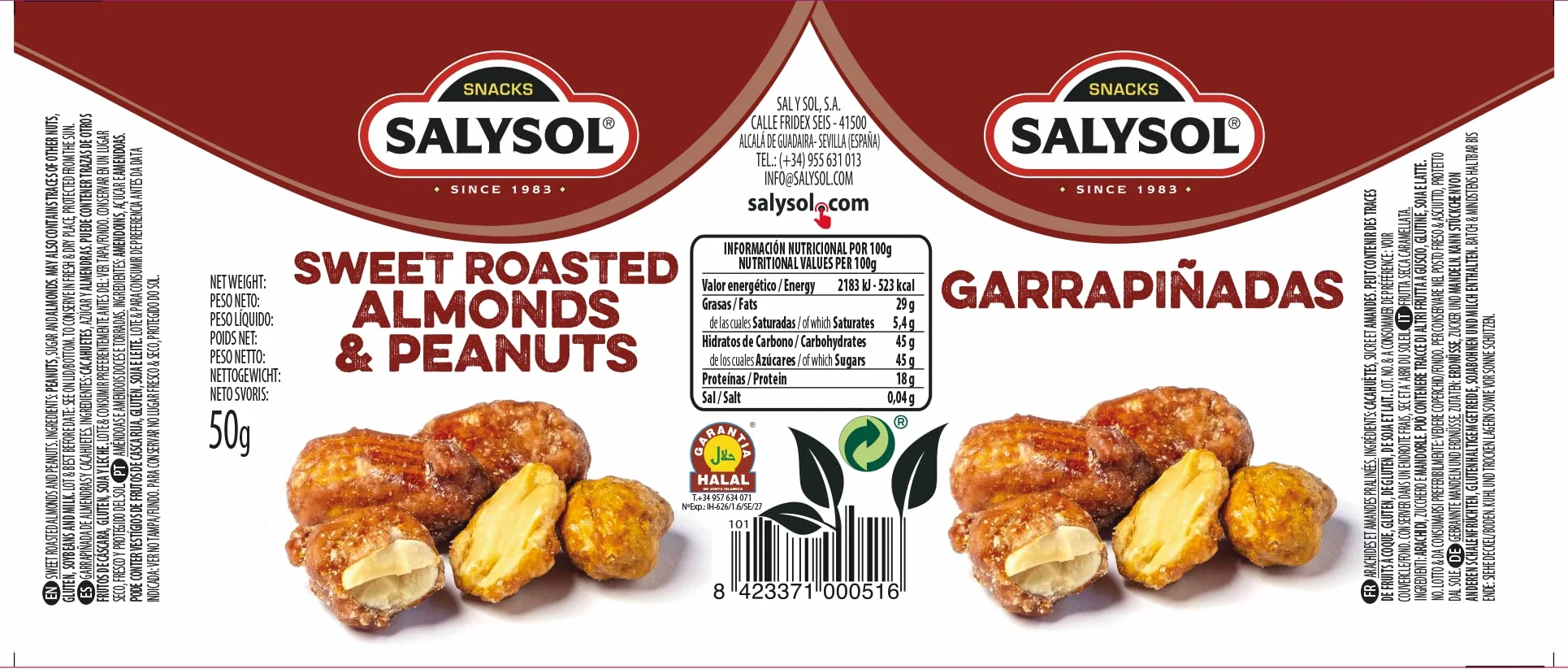 SALYSOL Frutos secos garrapiñados mezcla 10x50g almendras tostadas cacahuetes