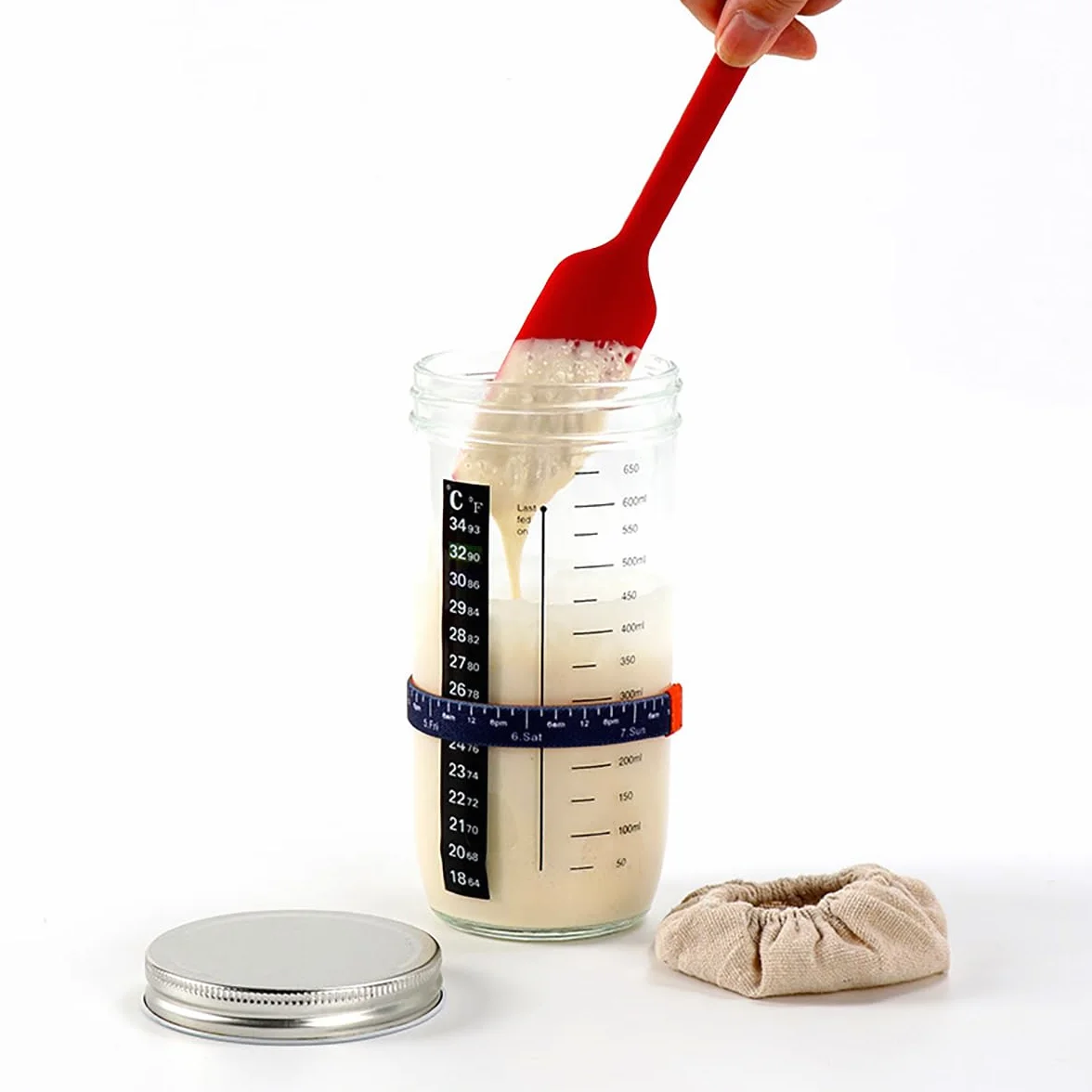 Kit de iniciación de masa madre, tarro de fermentación 730 ml, vidrio, espátula, termómetro, funda de tela, tapa metálica