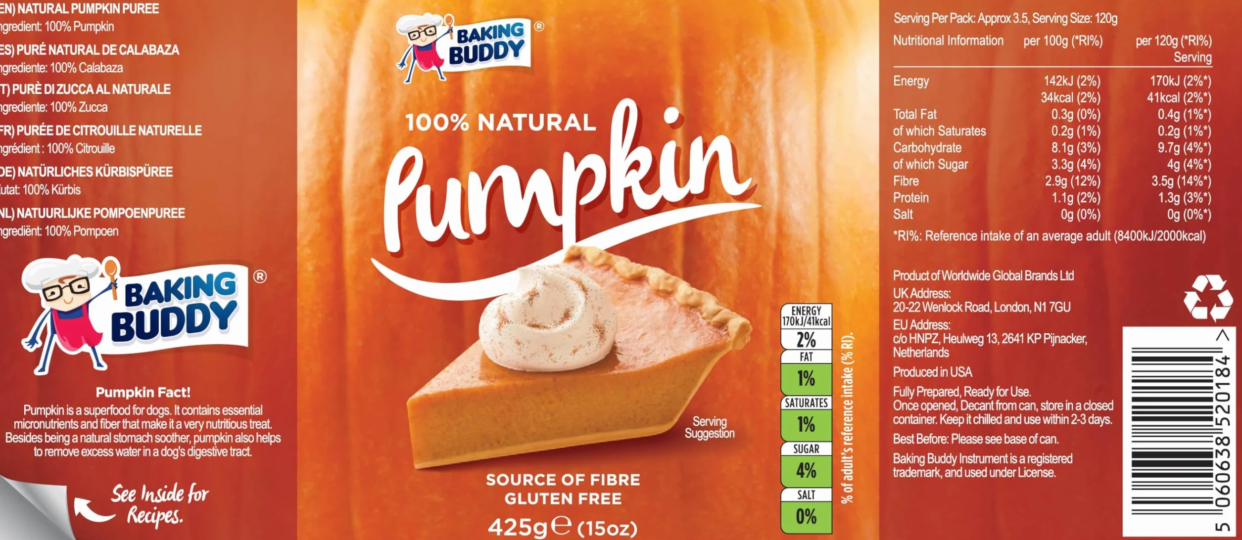 Puré de calabaza enlatado 425 g x 6, 100% natural, relleno de pastel de calabaza