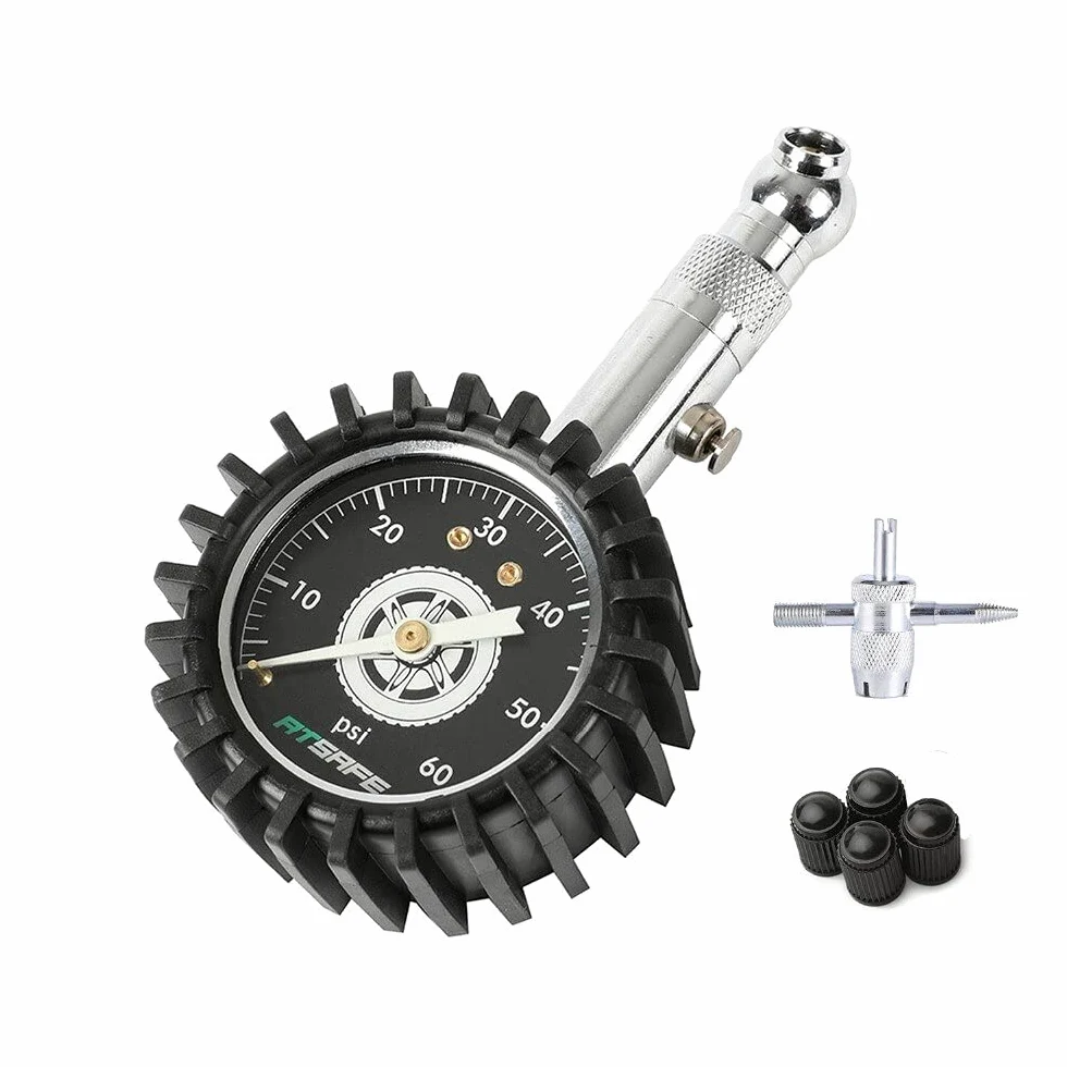Manómetro de presión de neumáticos de 60 psi, brilla en la oscuridad, con tapas de válvulas de neumáticos, manómetro mecánico profesional para neumáticos compatible con motocicletas, coches, camione