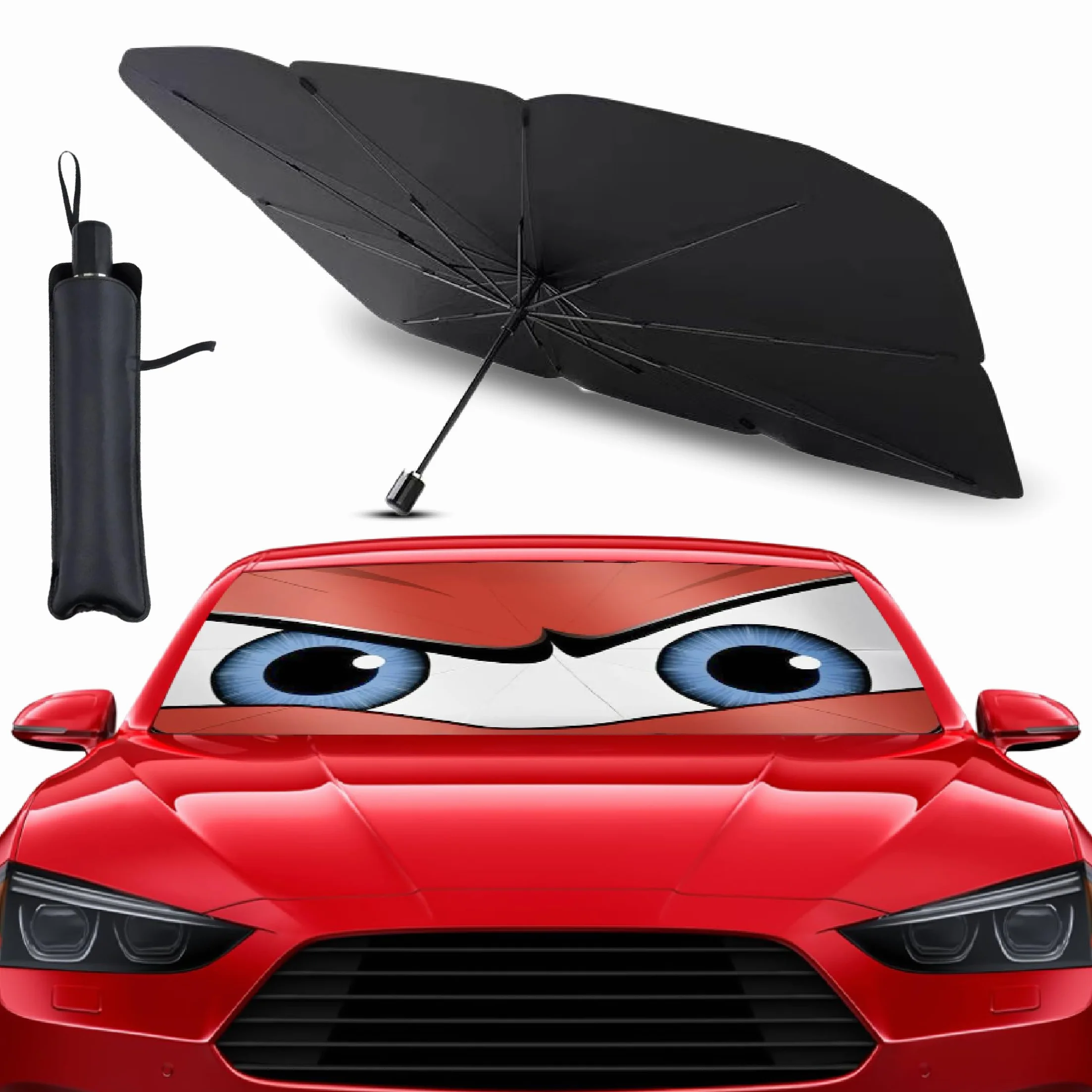 Parasol Coche Delantero 140 cm x 80 cm, Protector Solar de SUV y Camión, Parasol Paraguas Coche de Poliéster, Plegable con Eje Giratorio 360º y Revestimiento de Titanio, Resiste a los Rayos UV
