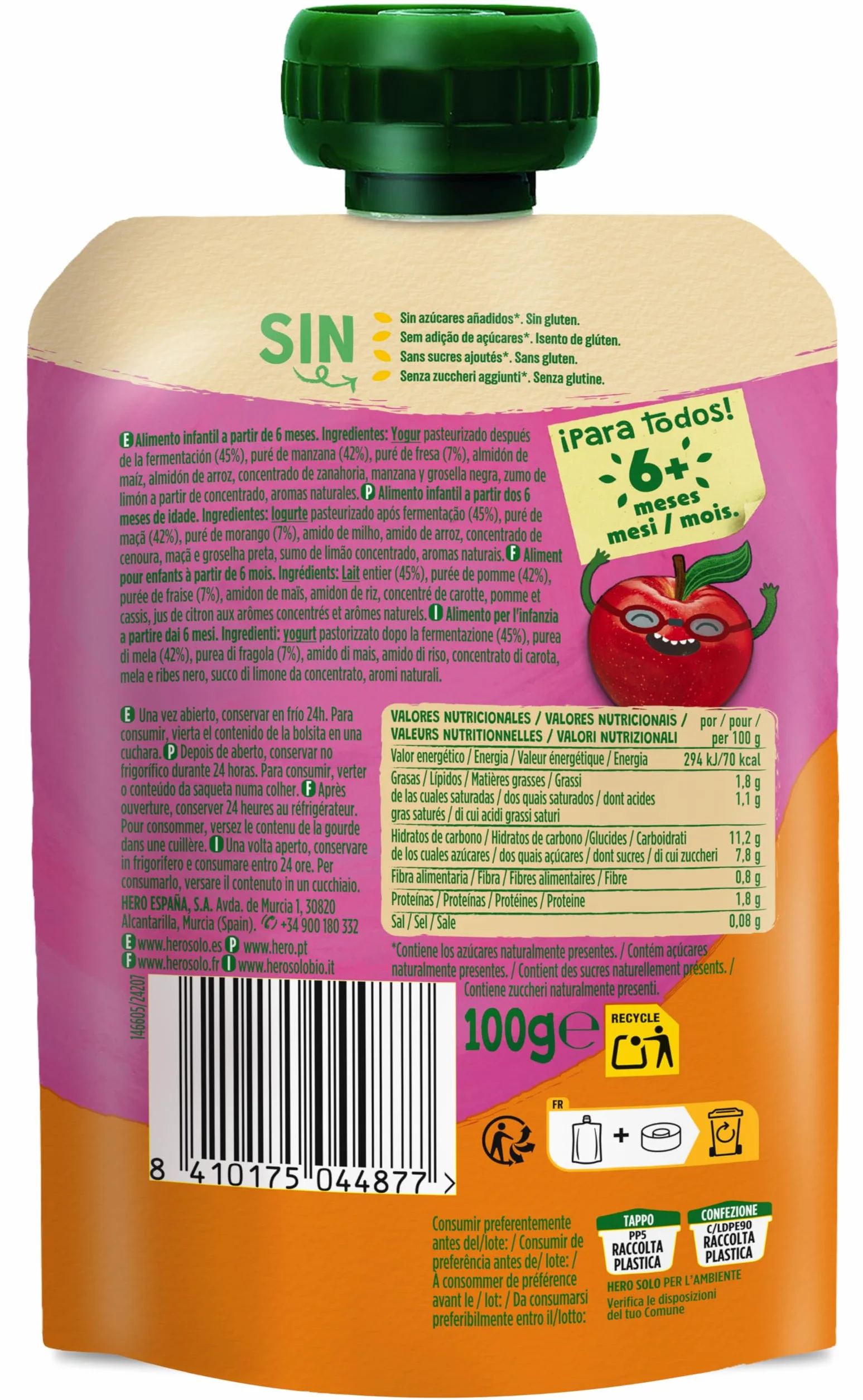 Hero Baby Mi Merienda Bolsitas de Yogurín Manzana Fresa 100g