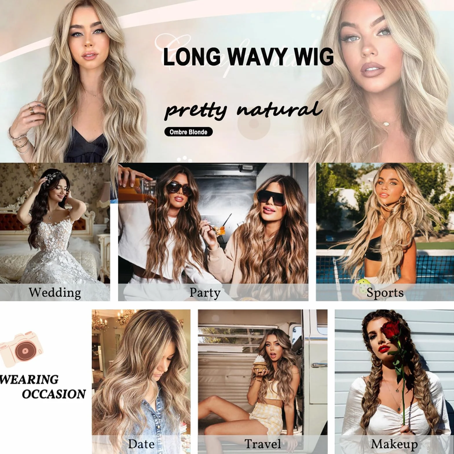 Peluca Sintética de Onda Natural Larga Ombre Marrón a Dorado para Mujer Carnaval Cosplay