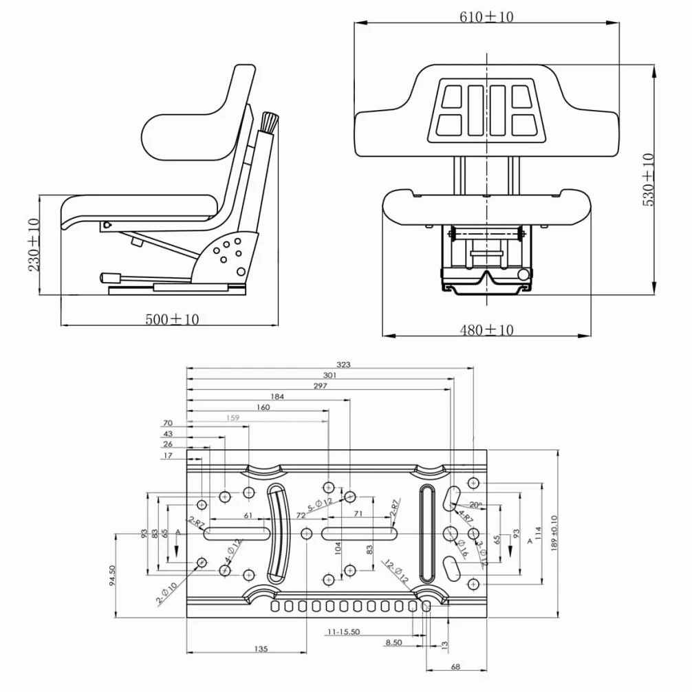Asiento de Tractor con Suspensión Negro | Universal 50-130 kg | Acolchado Poliuretano | Deslizante 150 mm | Respaldo Alto | Impermeable | Jardín Cortacésped