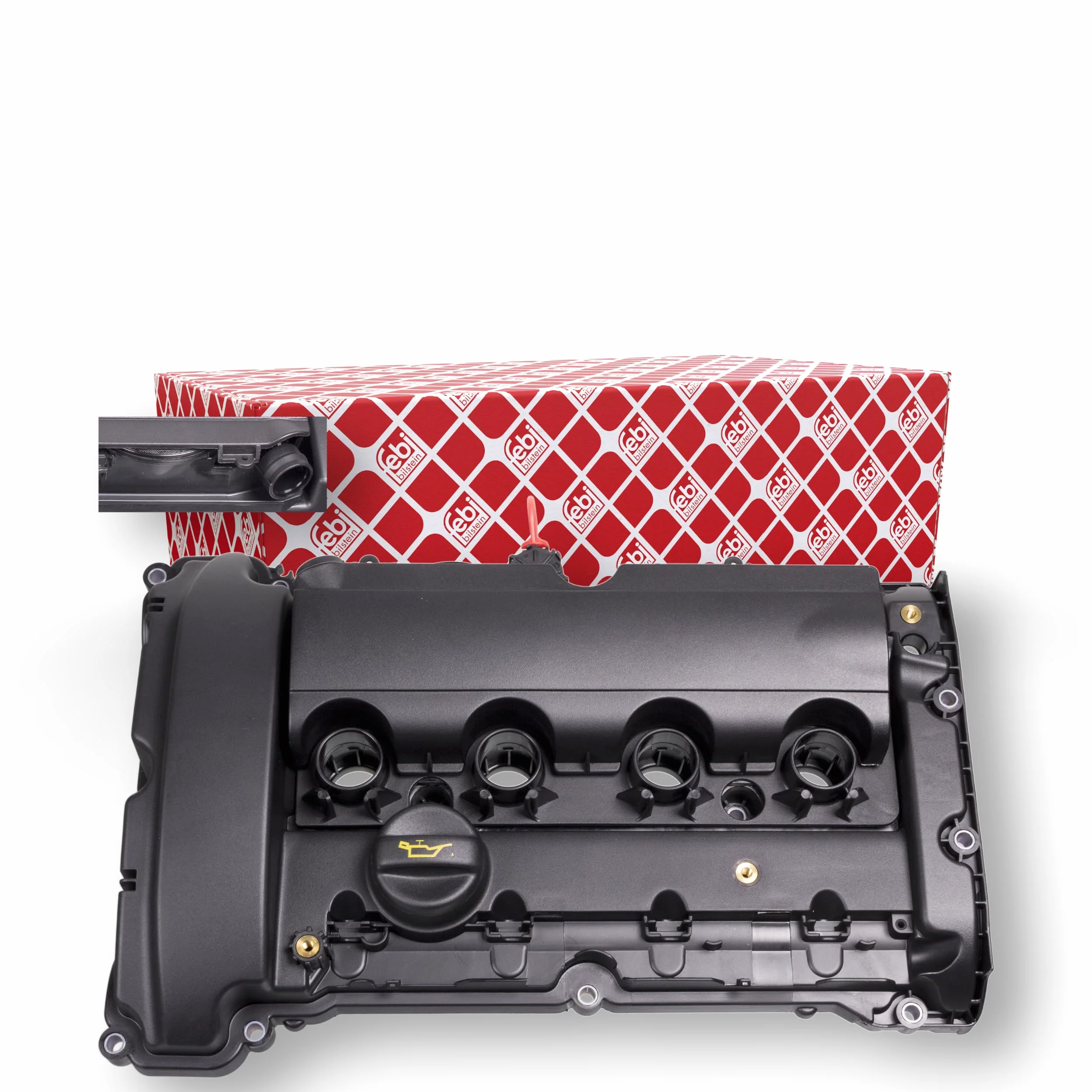 Febi bilstein 102602 Tapa de válvula con válvula de purga y junta, 1 pieza, color negro
