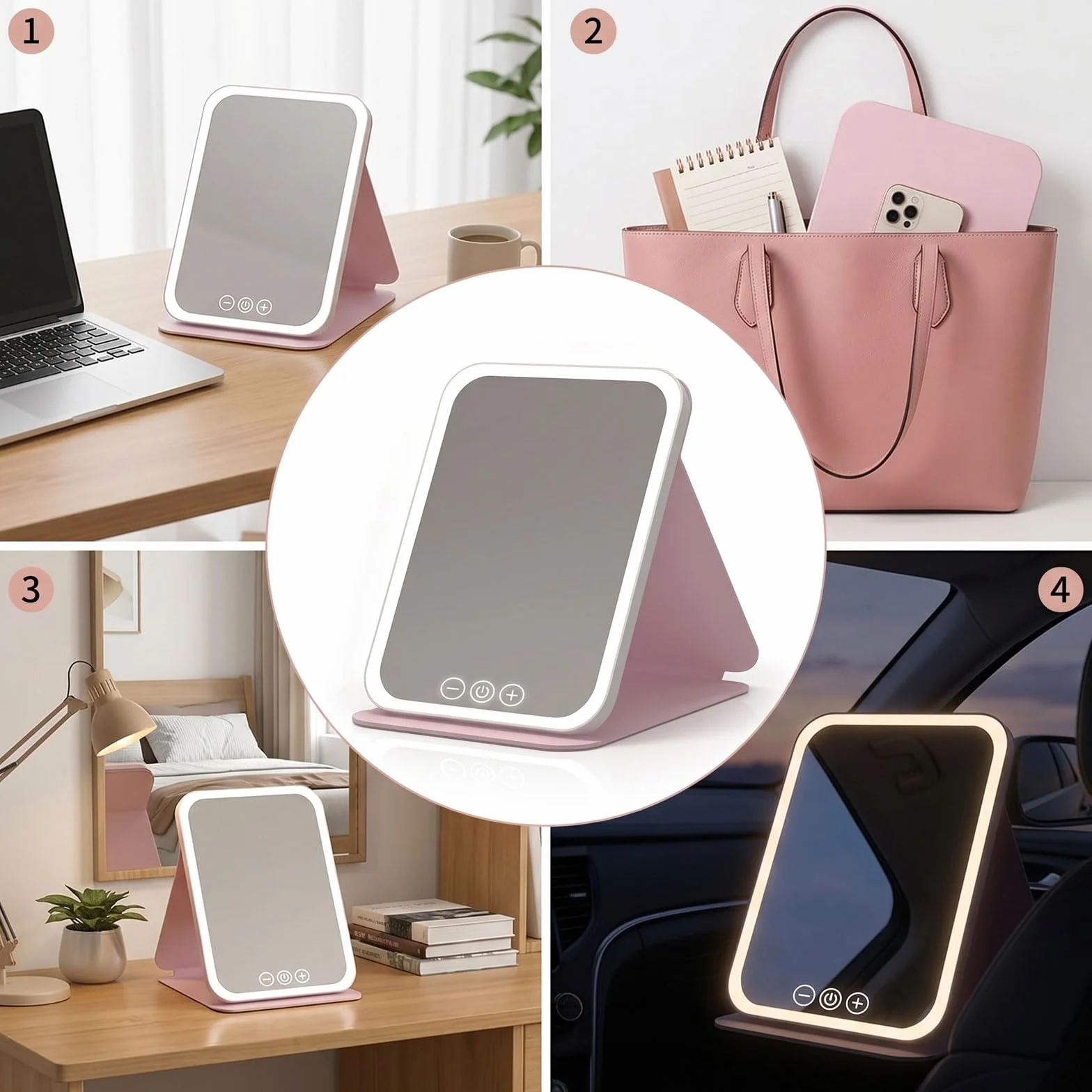 Espejo de maquillaje LED 10X aumento regulable, carga Type-C 17.5x23cm, plegable
