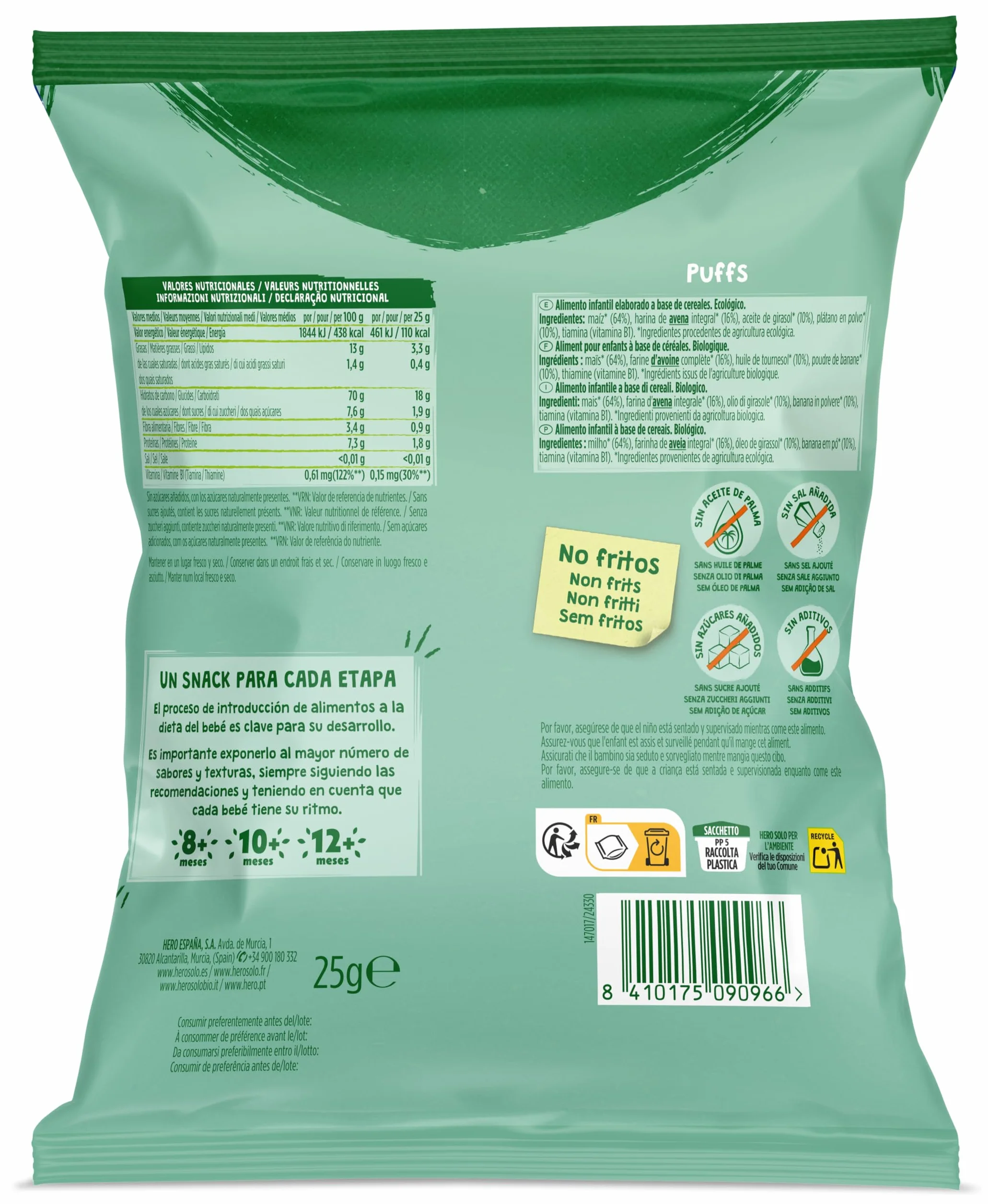 Hero Solo Bio Snack Infantil Ecológico Puffs de Maíz Avena y Plátano 25g x 5uds