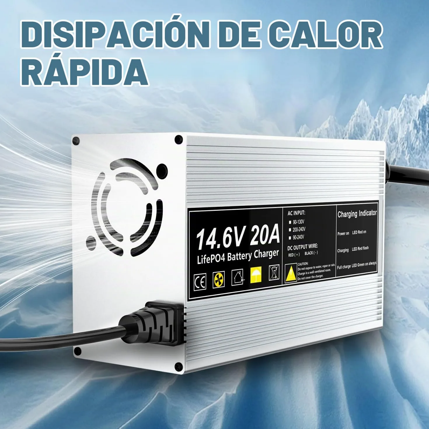14,6V 20A Cargador de batería LiFePO4 para baterías Recargables de Ciclo Profundo de fosfato de Hierro y Litio de 12V (12,8V)