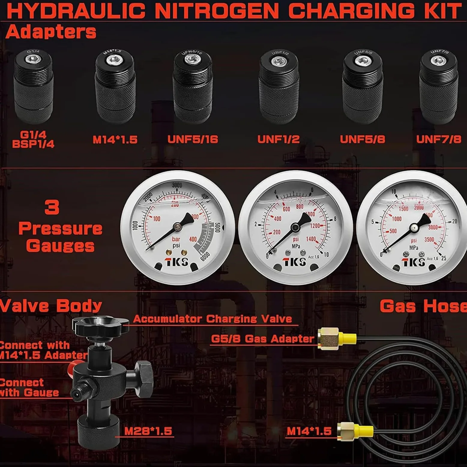 Kit de llenado de nitrógeno, Kit de Carga de acumulador hidráulico de nitrógeno, Sistema de Prueba de presión, Herramientas de Carga de Gas con 7 s, 3 manómetros, 1 Manguera de Gas