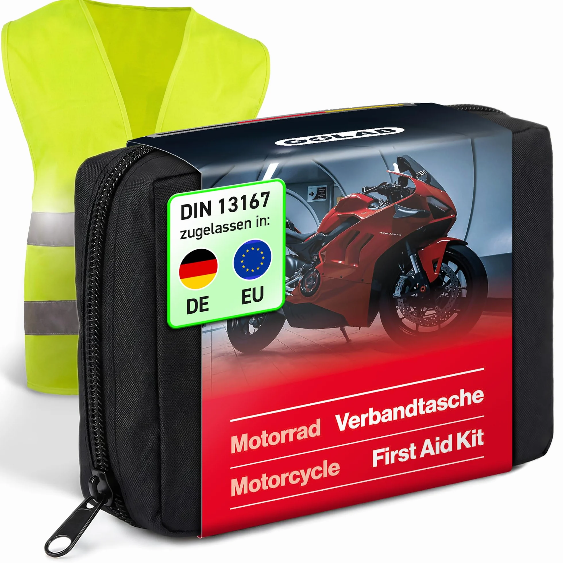 GoLab Botiquín de primeros auxilios DIN 13167 con chaleco reflectante para moto