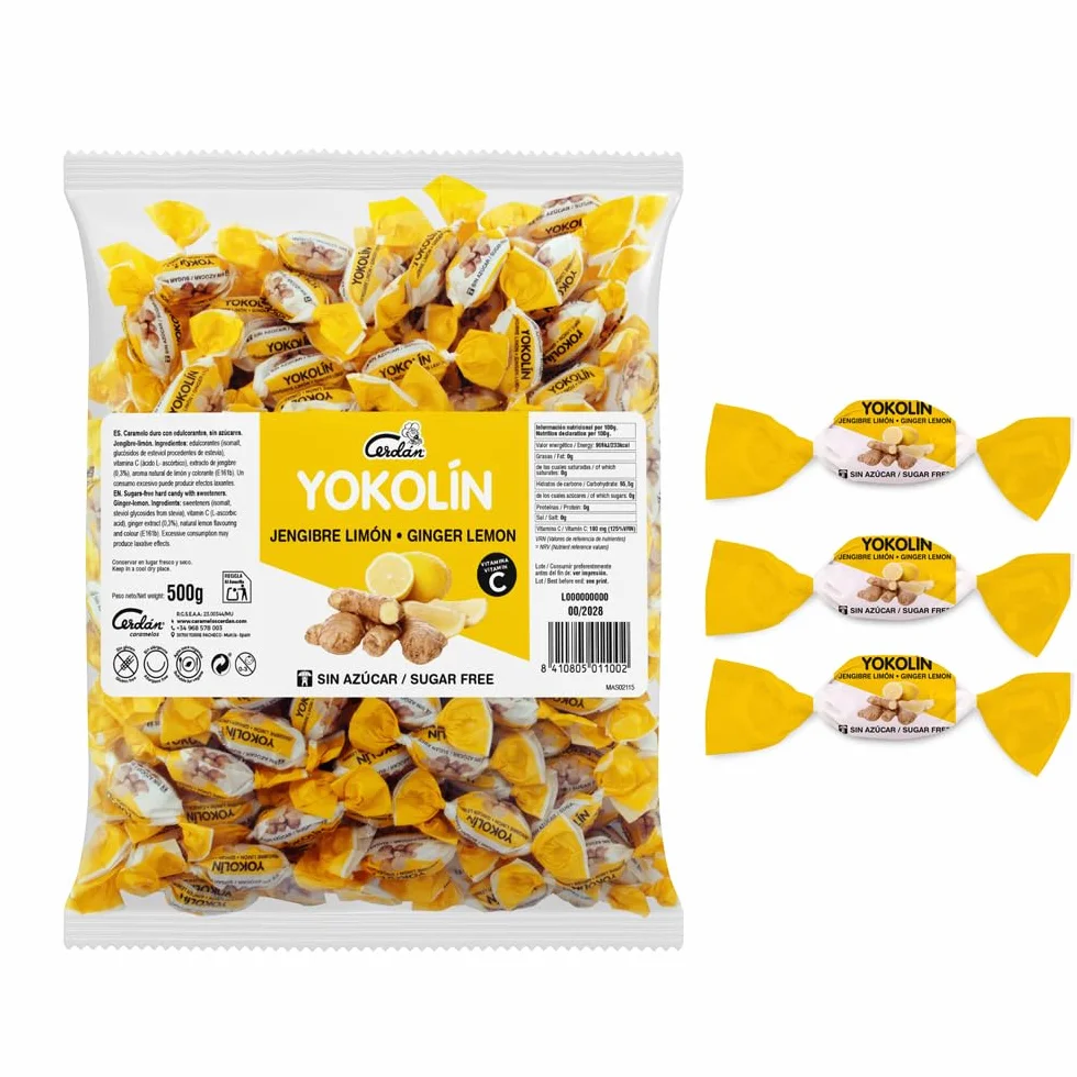 Caramelos Cerdán Yokolín Caramelo sin Azúcar Sabor Jengibre Limón con Vitamina C Bolsa 150 uds 500g Caramelo Duro Sin Gluten