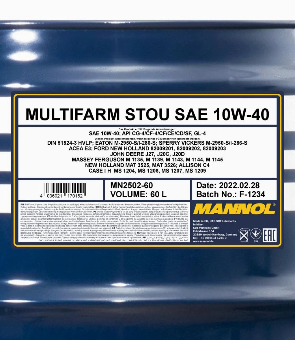 MANNOL Aceite de motor 10W-40 Multifarm Aceite mineral ACEA E3 API CE API CD API SF API GL-4 API CG-4 API CF-4 API CF STOU 60L Compatible con MERCEDES-BENZ Clase E Sedán W211 190 W201 W124 Sedán W124