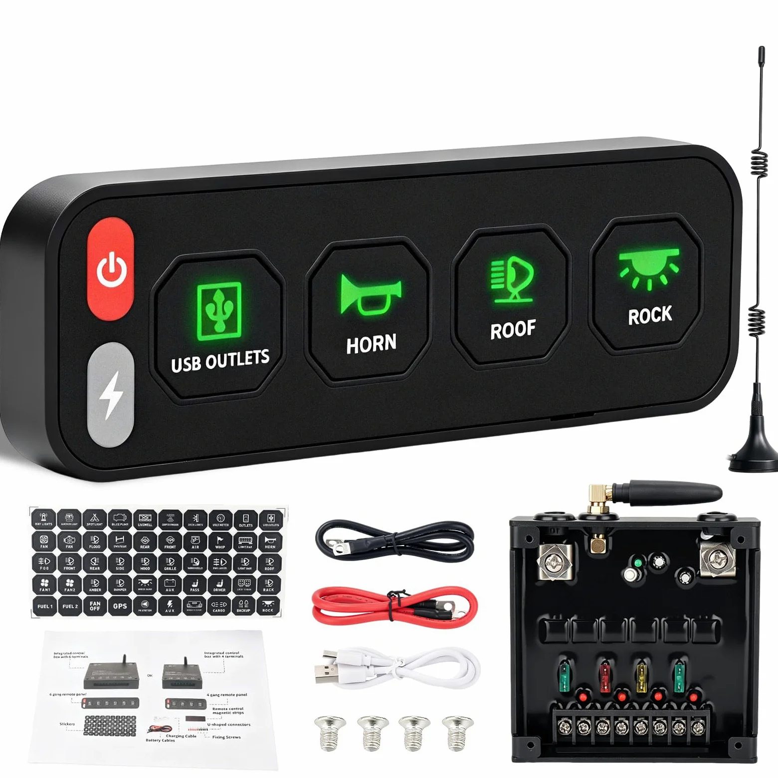 Chelhead Panel de conmutación inalámbrico de 4 marchas, panel de interruptor de una fila para vehículos con función estroboscópica de conmutación 12 V – 24 V, sistema de control de relé universal
