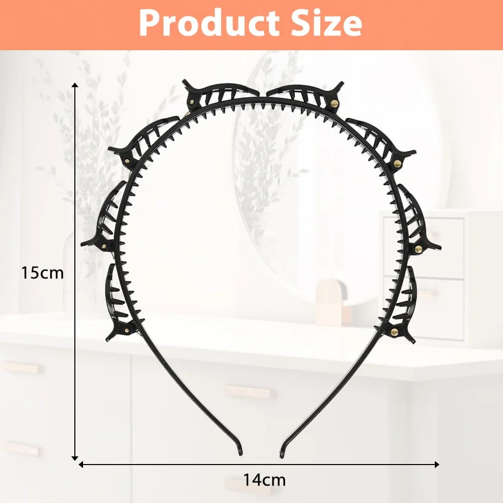 Diadema con Pinzas 2 Piezas para Mujer, Clips de Plástico, Banda para el Cabello con Horquillas, Doble Trenza, Doble Flequillo (Negro+Rojo)