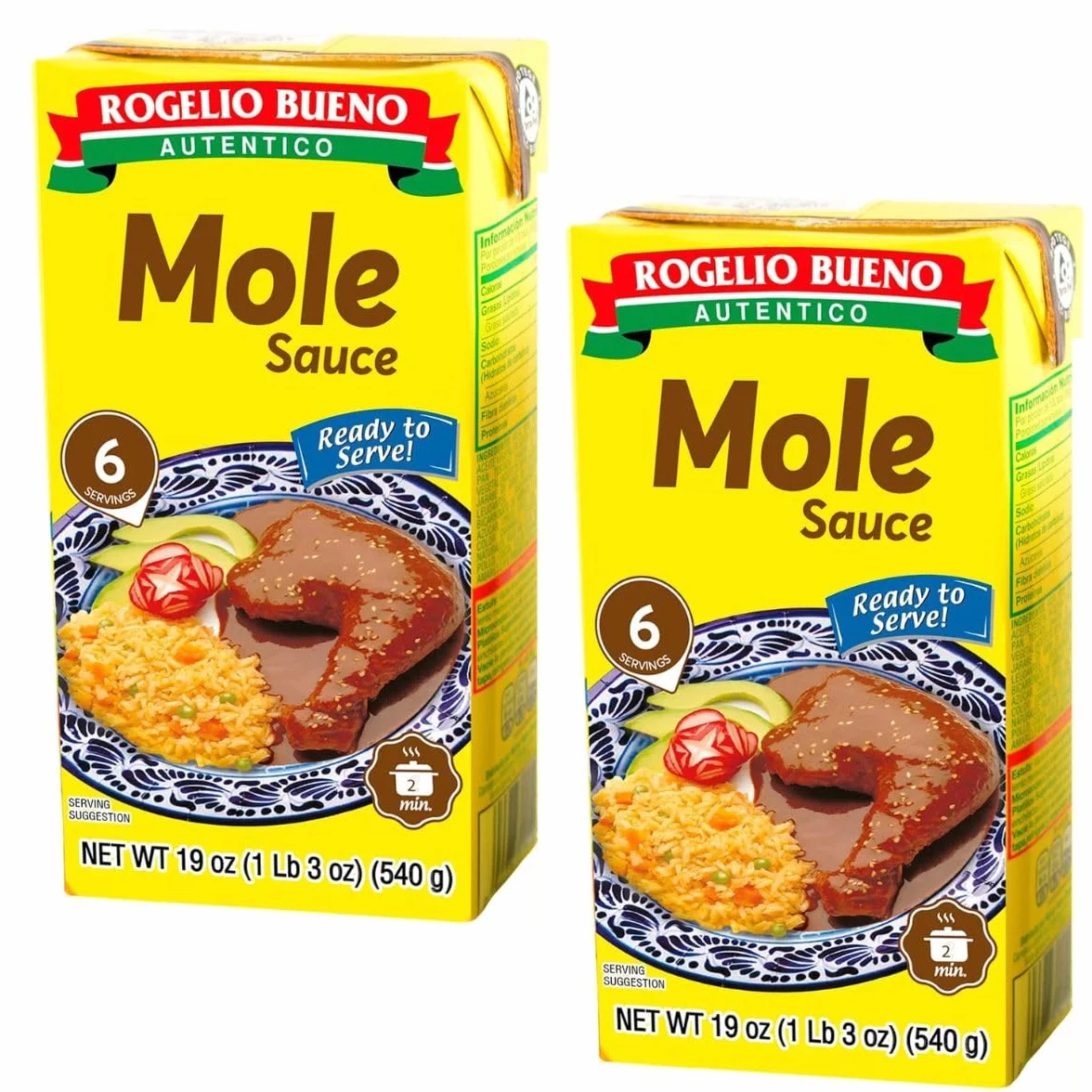 Pack de 2 Moles Listo para Servir Rogelio Bueno 540 g c/u Empaque Brick Sabor Tradicional Mexicano