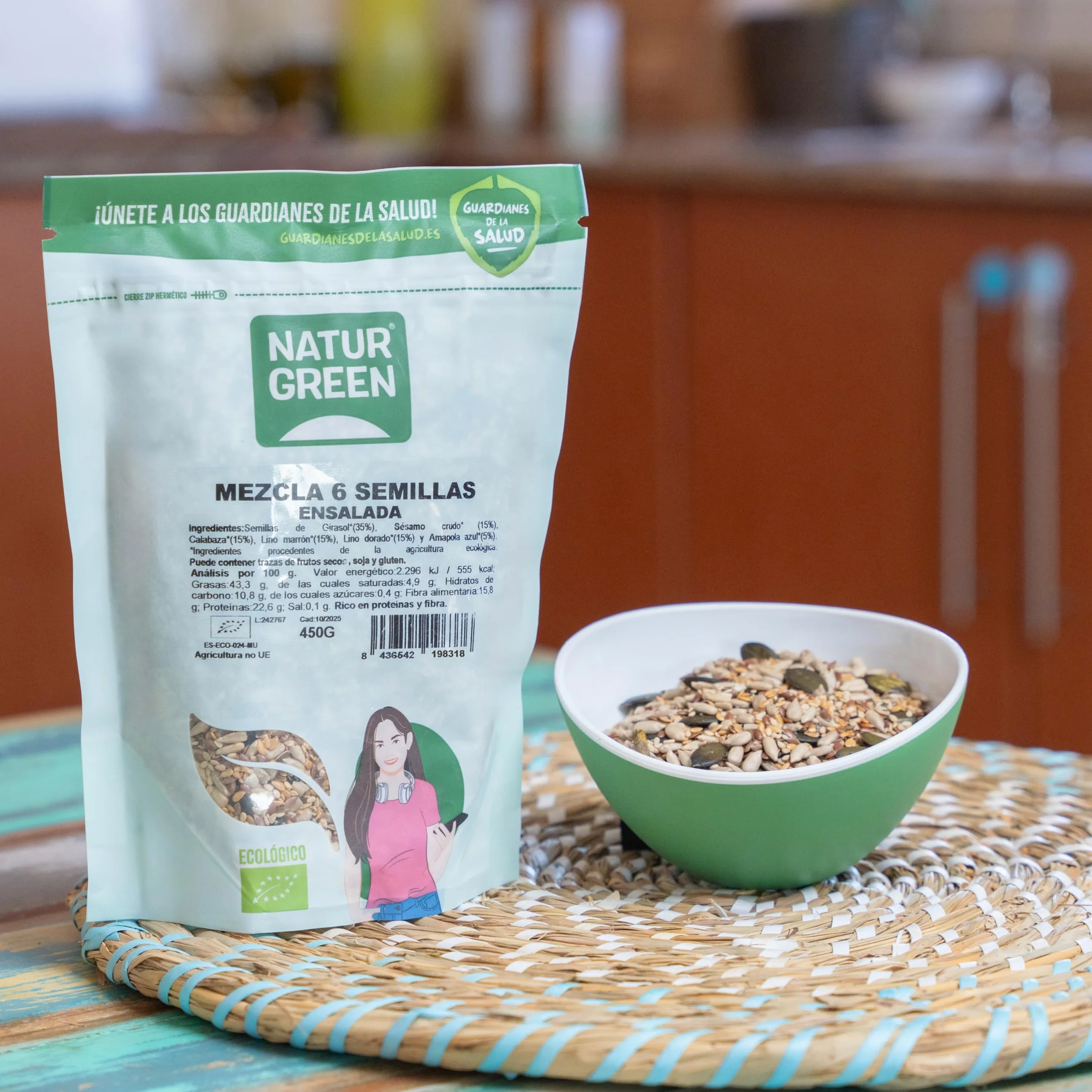NaturGreen Mezcla 6 Semillas para Ensalada Bio 10 x 450 g, Lino, Girasol, Calabaza, Cáñamo, Sésamo, Chía, Omega 3, Fibra, Proteína, Sin Gluten, Vegano