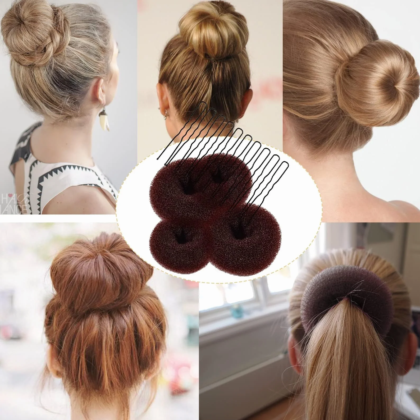 Set de moños en forma de donut, 4 piezas, herramienta para hacer moños con 10 pinzas en forma de U