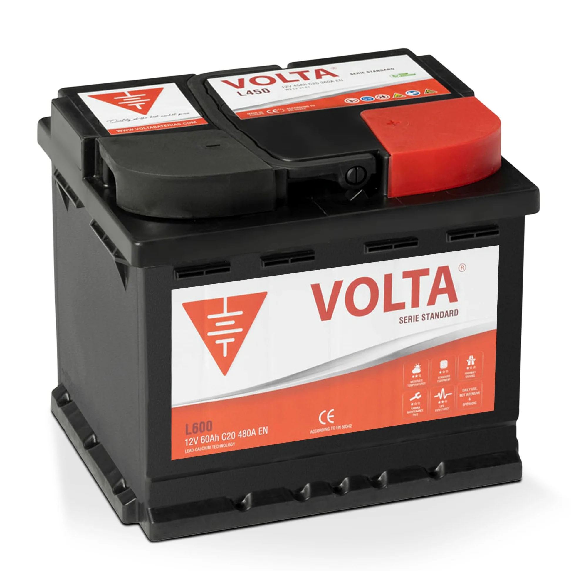 Batería De Coche 60Ah 480A EN Standard Volta L600D, bateria de automóvil de turismo, Plomo-Calcio, Batería 60Ah - Borne +Dcha - Medidas 242 x 175 x 190mm con 2 años de Garantía - Fabricación Europea