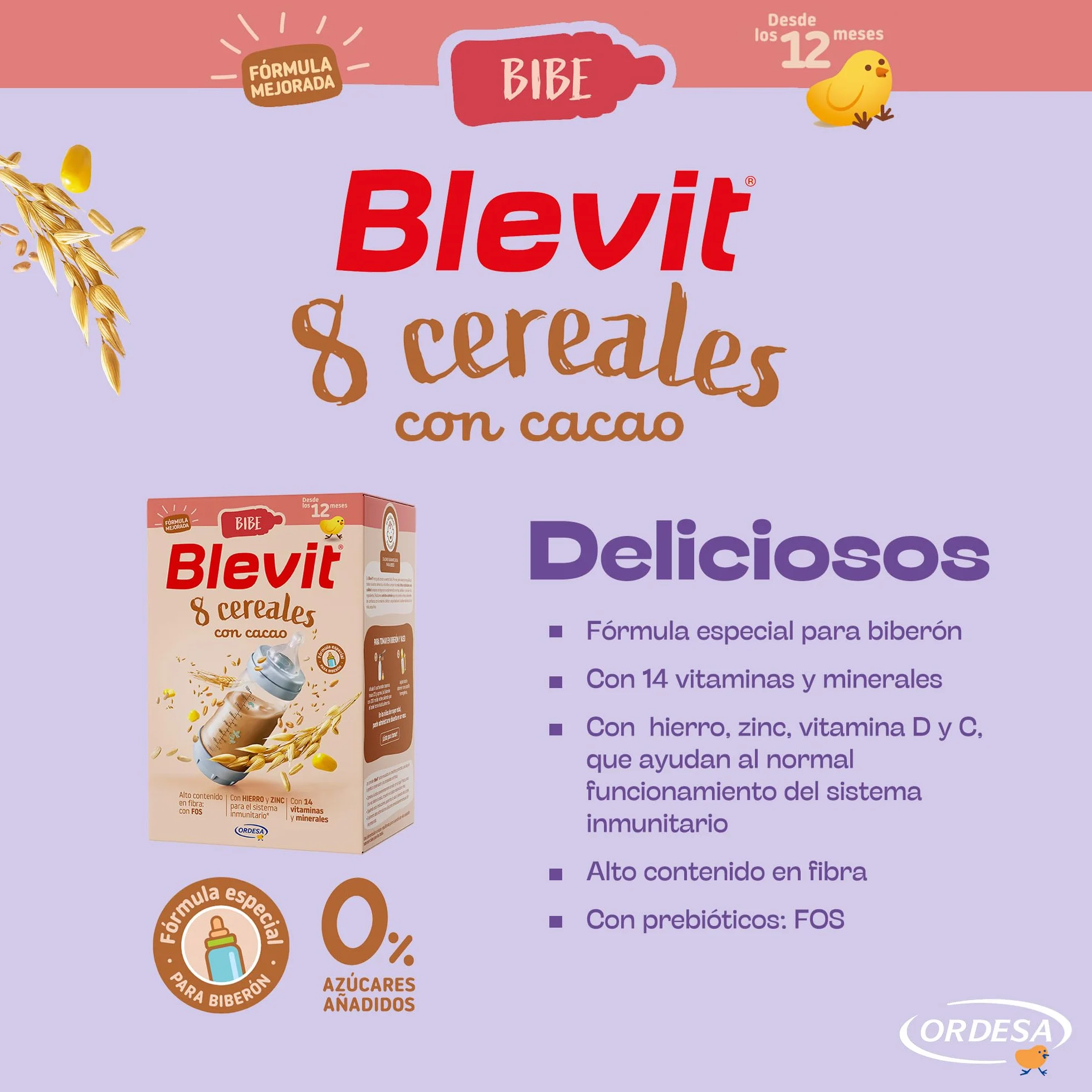 Blevit Bibe 8 Cereales con Cacao 500g Papilla para Bebé 12 meses 14 Vitaminas y Minerales