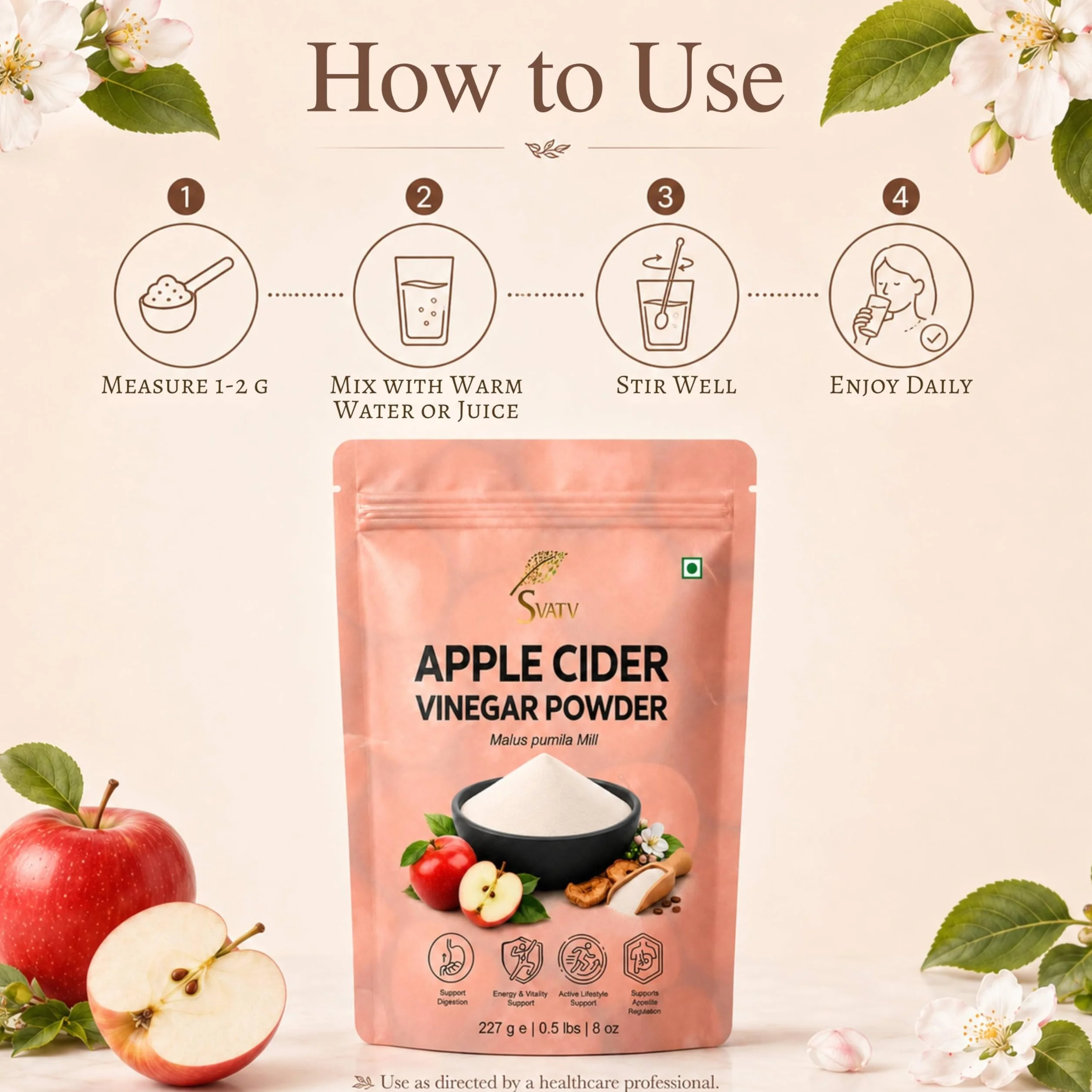 SVATV Vinagre de sidra de manzana natural en polvo 227g Sin gluten 75 porciones