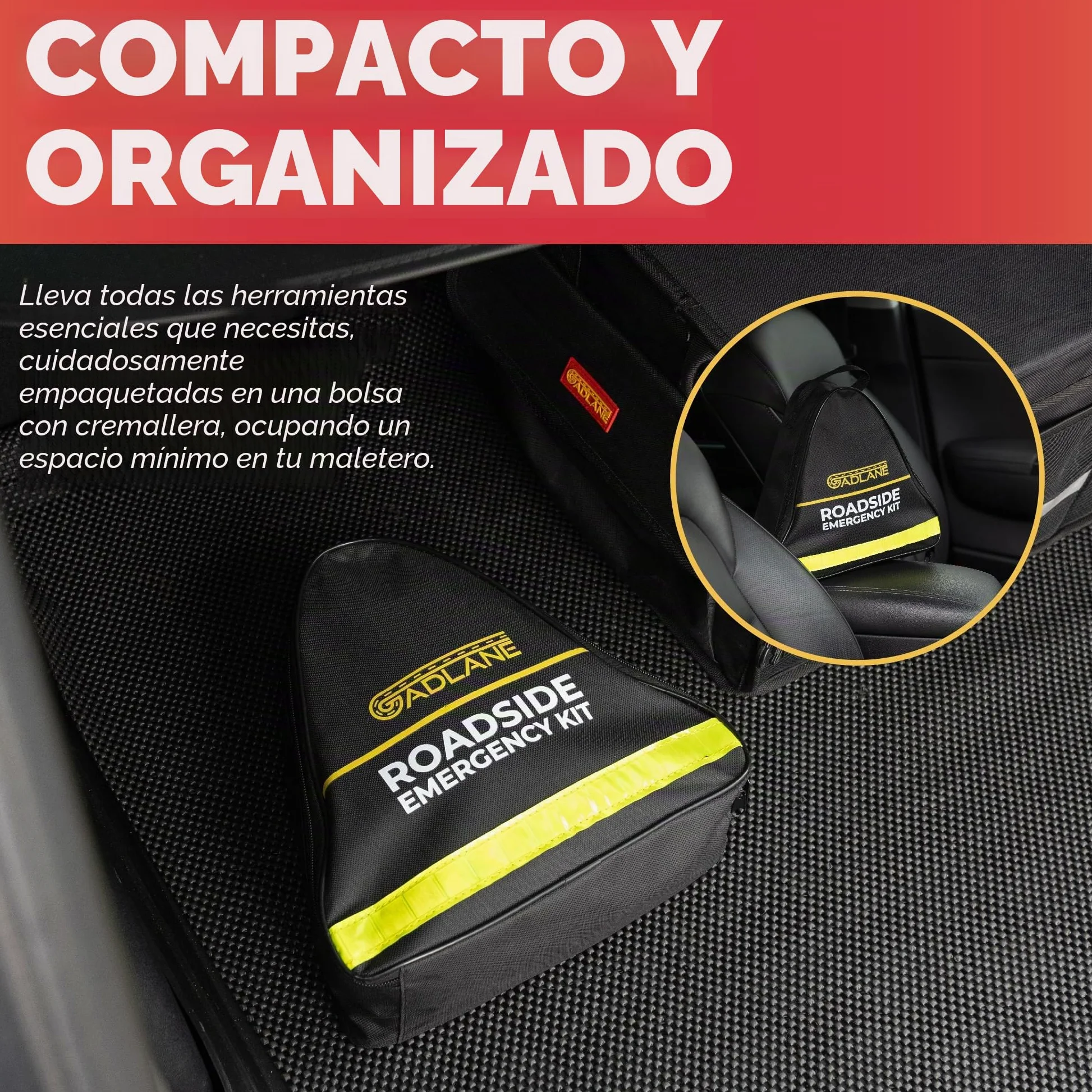 GADLANE Kit de emergencia para avería de coche - Gran kit de emergencia en carretera con triángulo de advertencia, cables de puente, cuerda de remolque, botiquín de primeros auxilios, martillo de