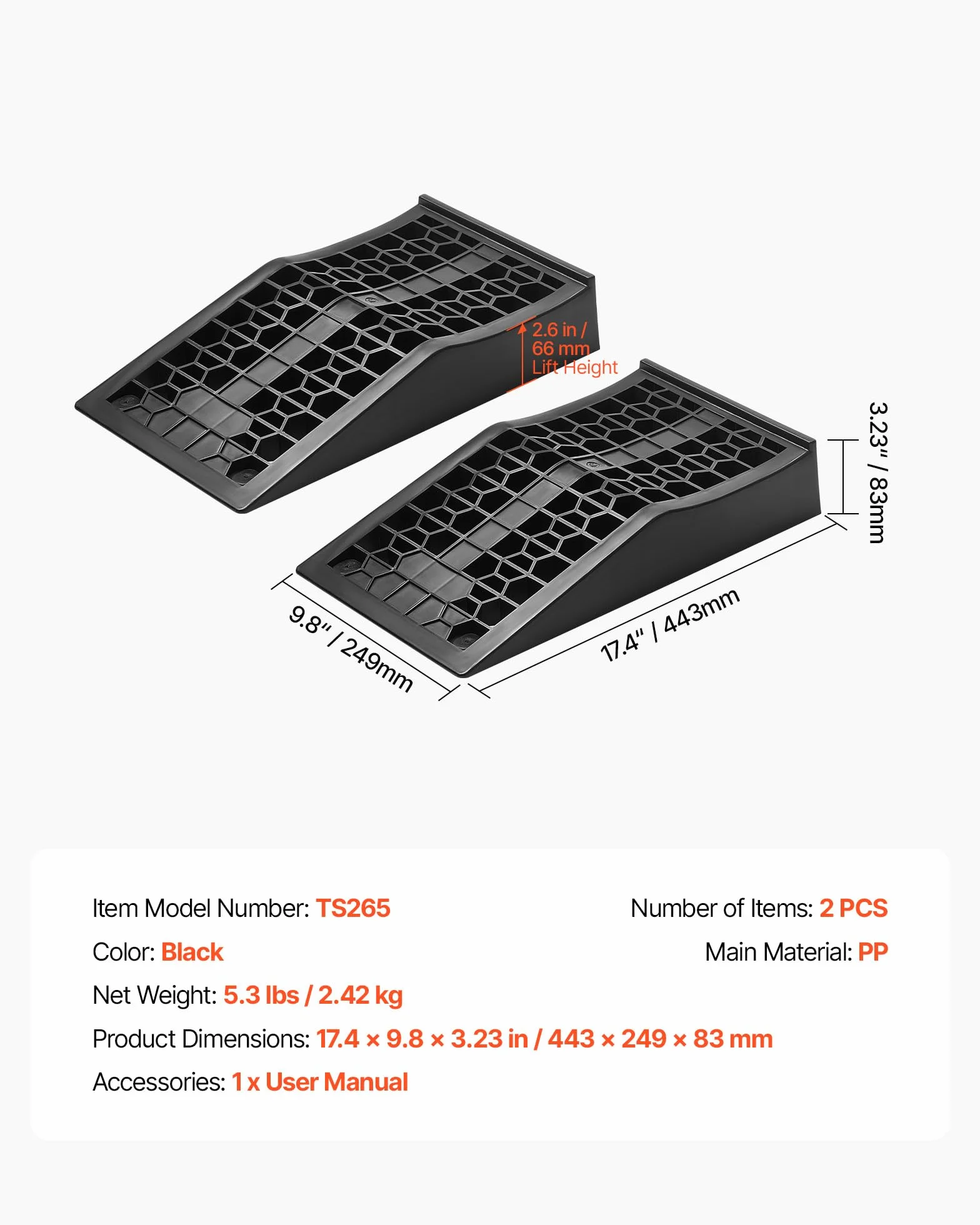 VEVOR Rampas para Coche, Portátiles y Planas, para Mantenimiento de Garajes, Cambio de Aceite y Reparación de Camiones, Capacidad de Carga 2268 kg, Ayuda para Carga, 443 x 249 x 83 mm, 2 uds