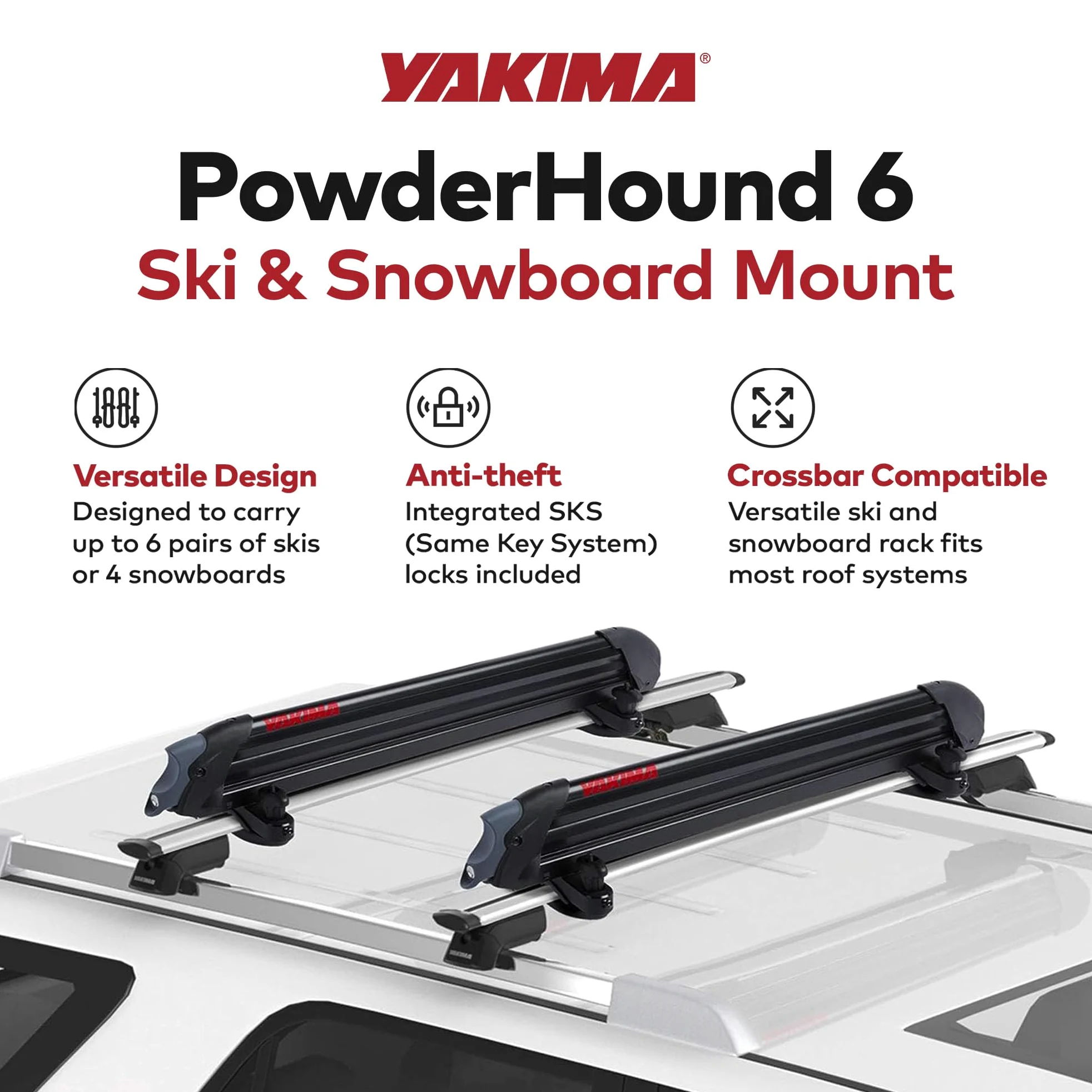 Yakima, PowderHound 6 Soporte de esquí y Snowboard, se Adapta a hasta 6 Pares de esquís o 4 Tablas de Snowboard, Paseos Silenciosamente, se Adapta a la mayoría de bastidores de Techo, Negro