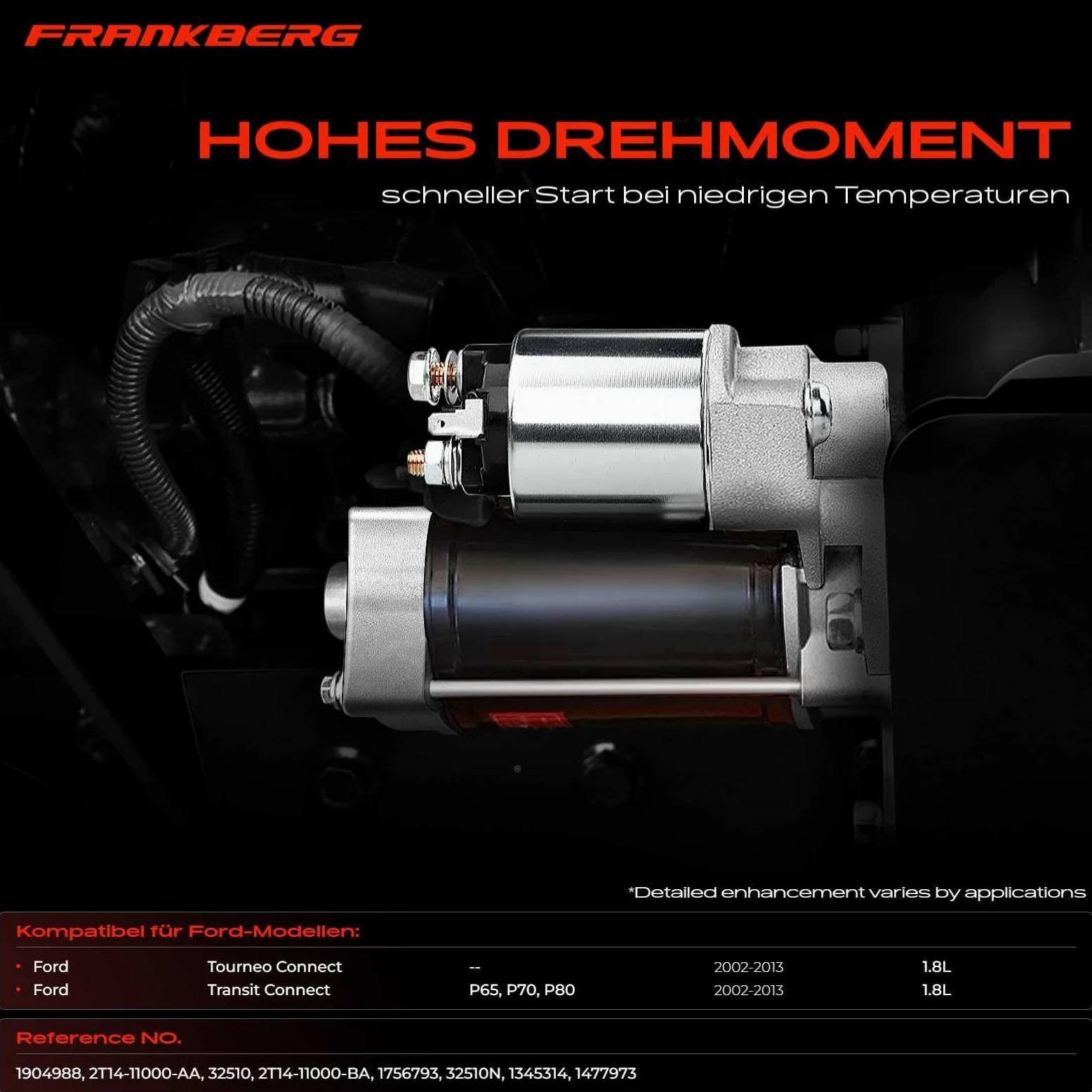 Frankberg Motor de arranque para automóvil 1,4 KW/12 V/10 dientes Compatible con Tourneo Connect 1.8L 2002-2013 Transit Connect 1.8L 2002-2013 Replace# 1477973