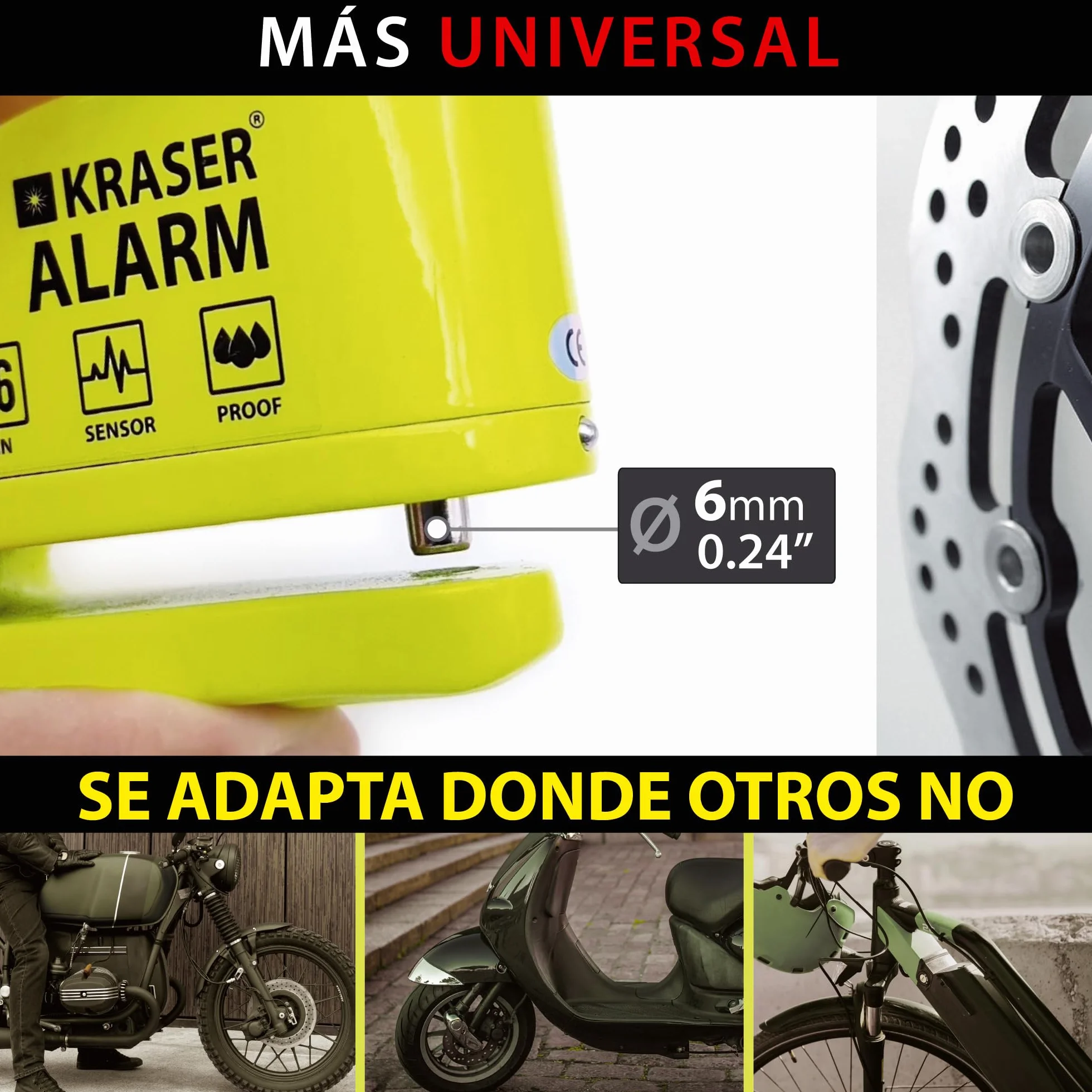 KRASER KR6Y Candado Moto con Alarma 110dB Antirrobo Disco Reforzado 3 Llaves Alta Seguridad Impermeable