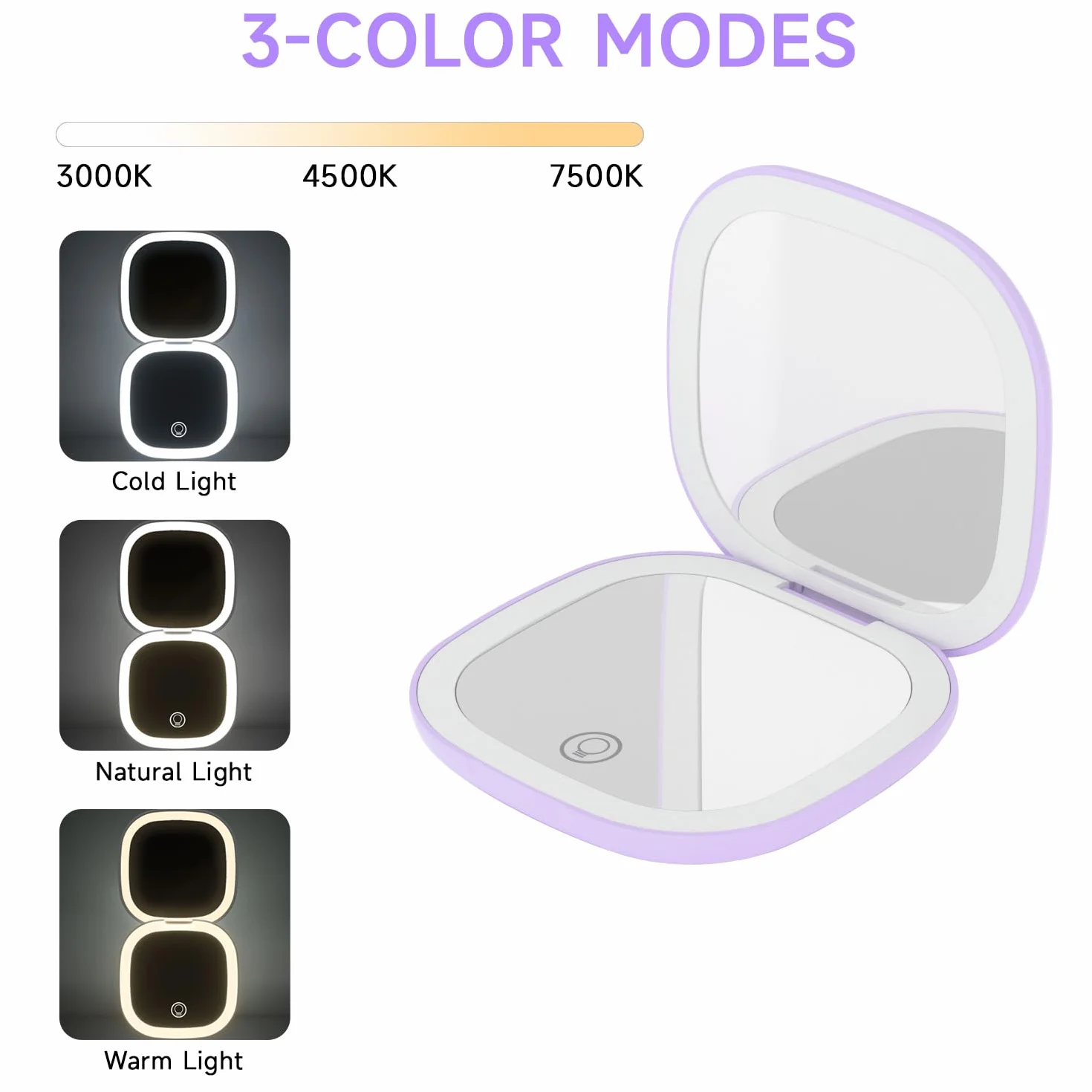 Espejo de Maquillaje Compacto con Luz LED 5X Recargable USB-C 3 Modos de Color Brillo Regulable Táctil