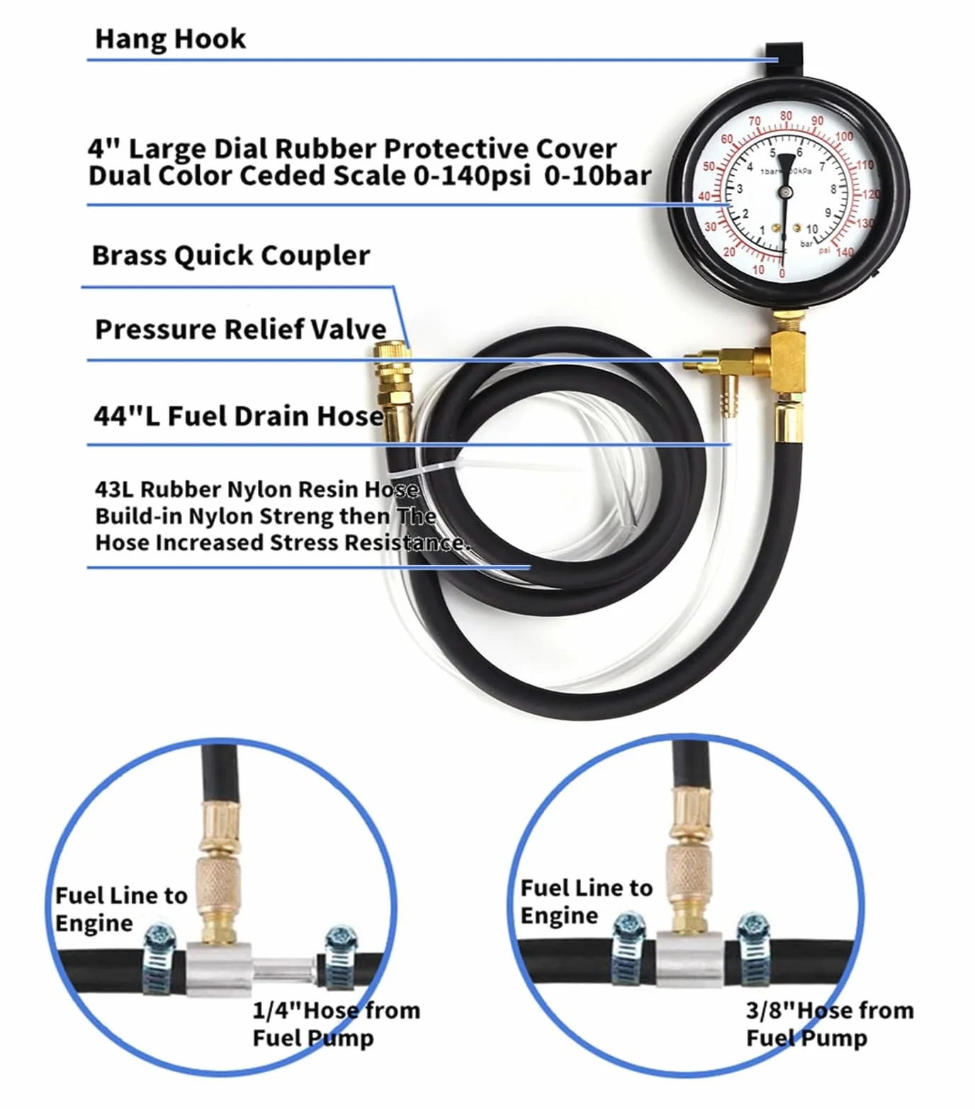 Kit de comprobador presión inyección Combustible for automóvil, 0-140 PSI, Juego Herramientas for Bomba Sistema automático, for Gasolina Motor