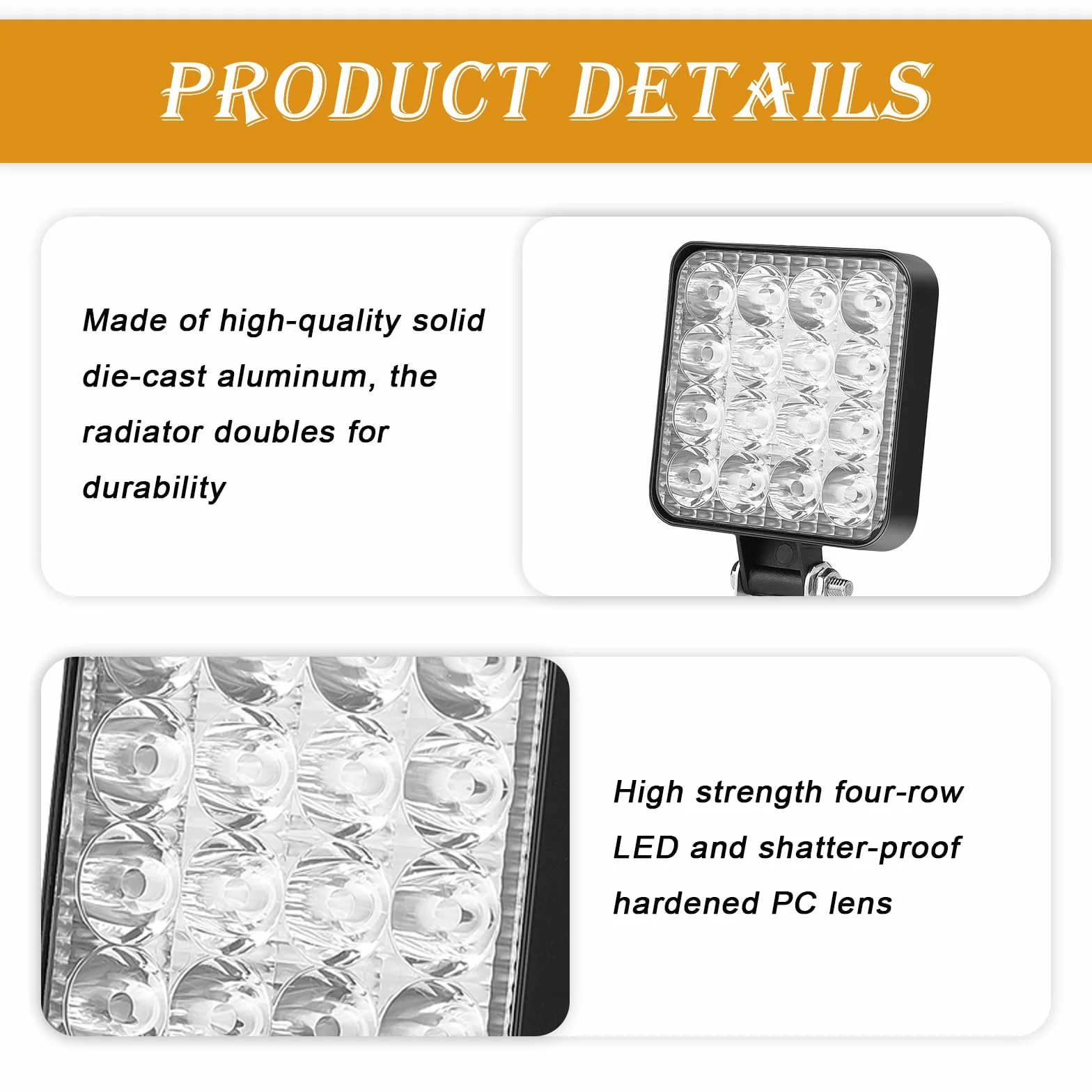 Sporgo 6 unidades de faros LED de trabajo: cuadrado 12 V 48 W LED Faro, Offroad Faros de marcha atrás faros de marcha atrás IP67 resistente al agua para excavadoras, tractores, remolcadores, ATV,