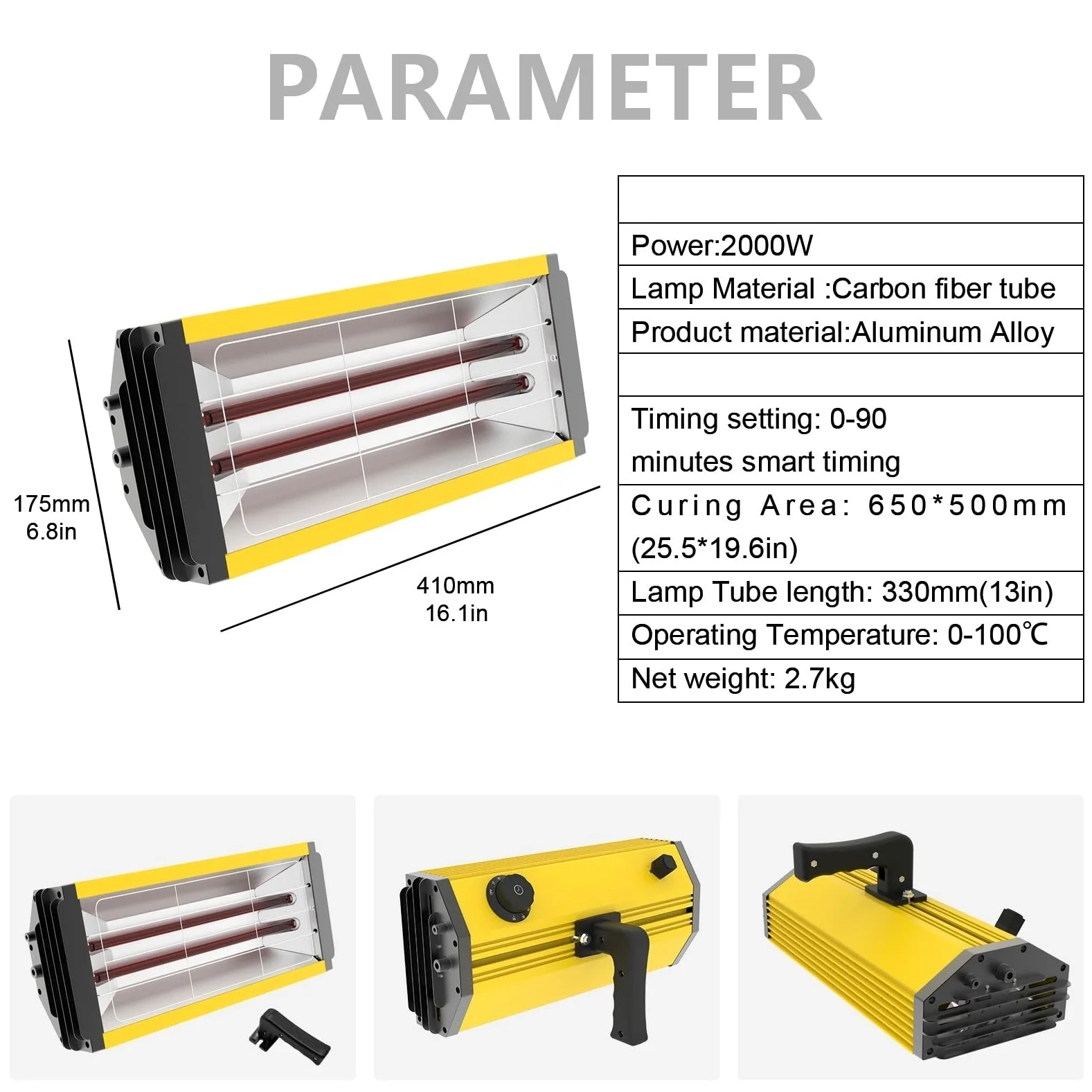 Lámpara de secado pintura infrarroja 2000 W, lámpara onda corta con soporte Solidificador de recubrimiento(ZJ-KC-002)