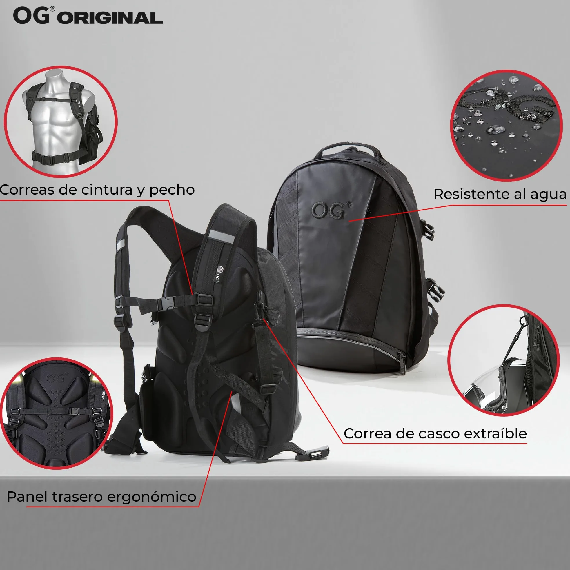 OG Original EZ-RiderPRO Mochila Moto Negra Expandible 28-35L, Bolsa Porta-Cascos Motorista, Correa Casco, Impermeable, Portátil, Reflectante