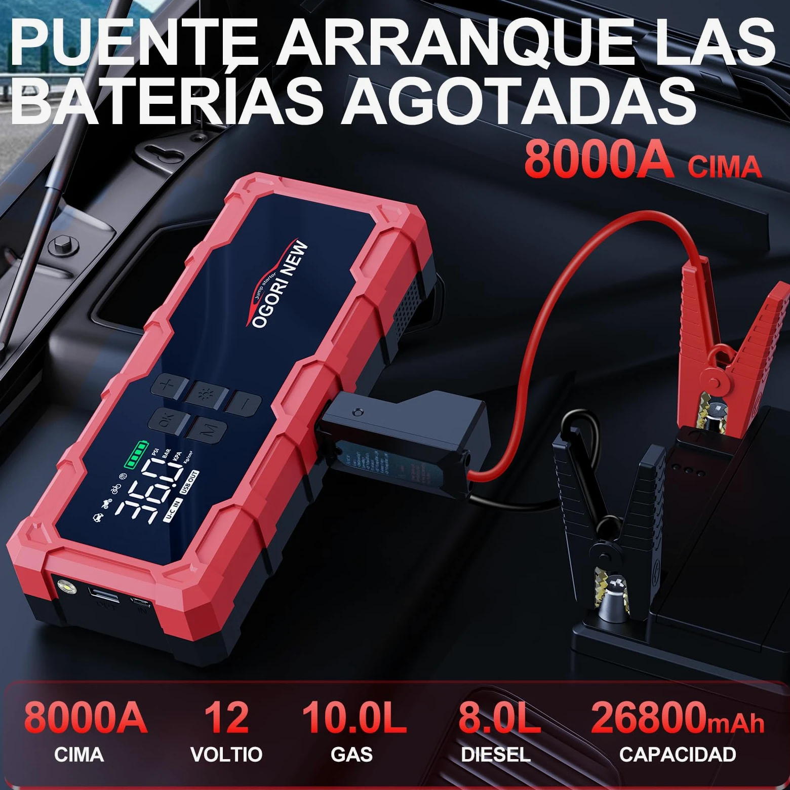 Arrancador de Coche 8000A,Arrancador de Baterias para Coche 12V con Compresor Aire Portatil(para 10L de Gasolina o 8L de Diésel),Jump Starter con Pinzas de Seguridad Inteligentes/luz LED