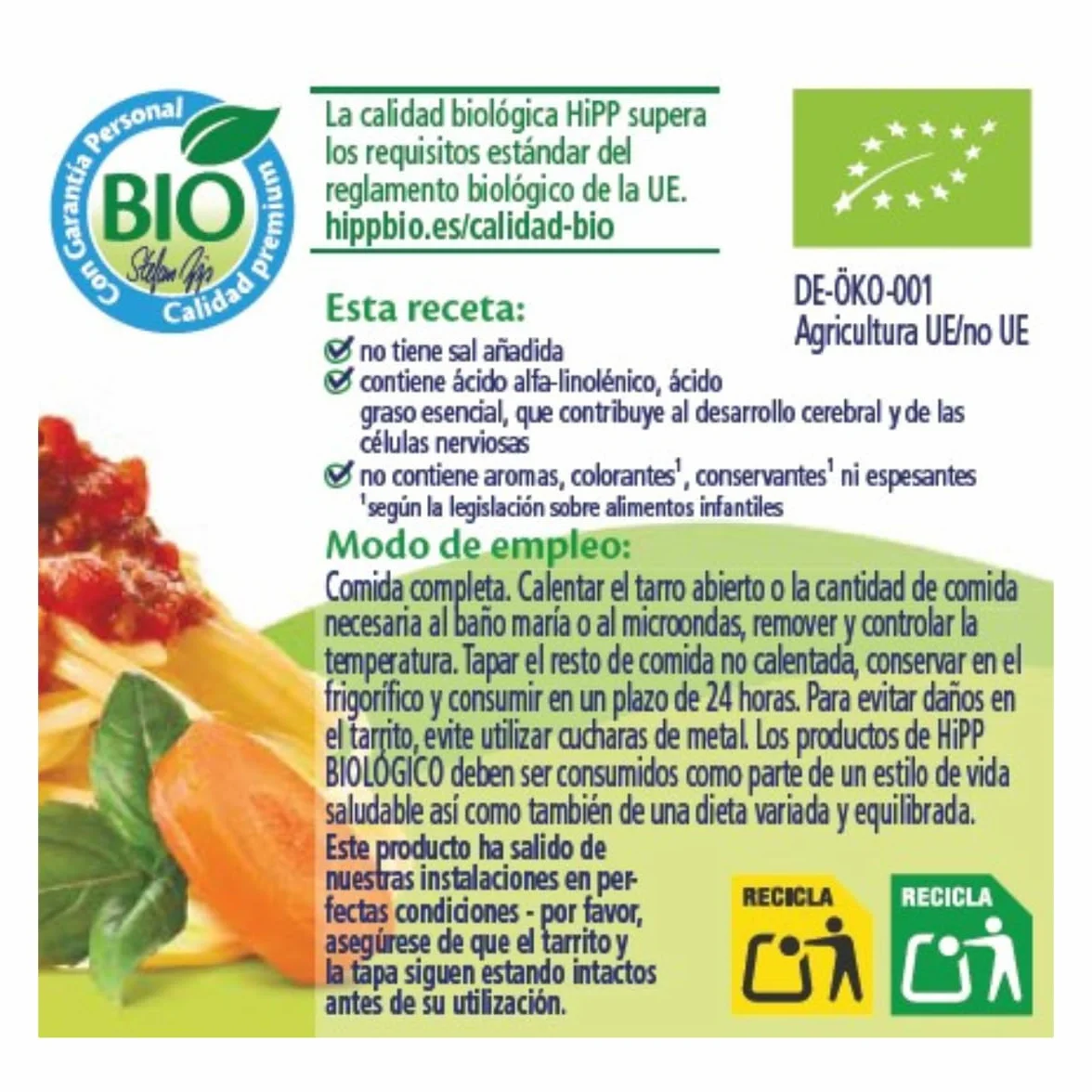 HiPP Tarrito Spaghetti Boloñesa BIO Pack 6x190g Bebé 6 Meses