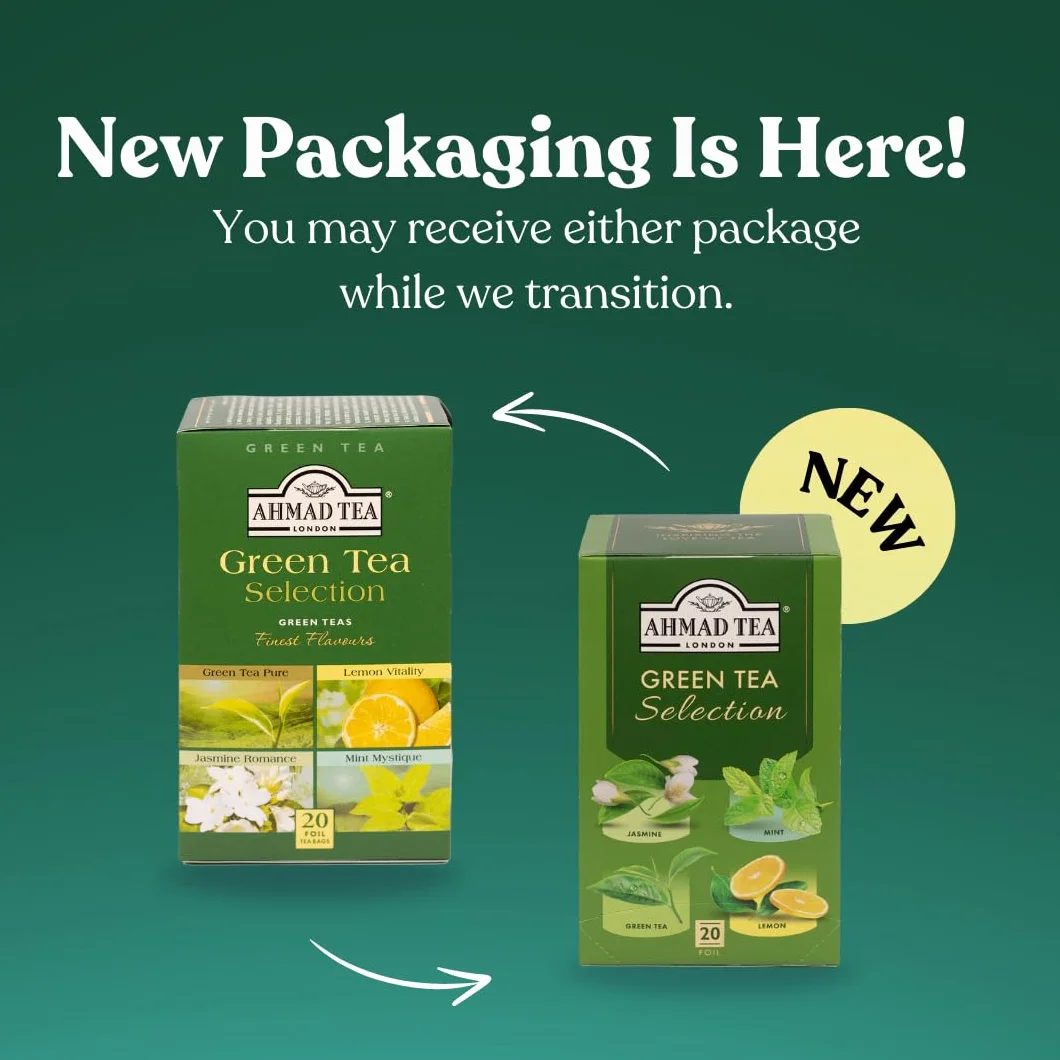 Ahmad Tea Green Tea Selection - Surtido de té verde - Clásico, jazmín, menta, limón - 20 bolsitas de té