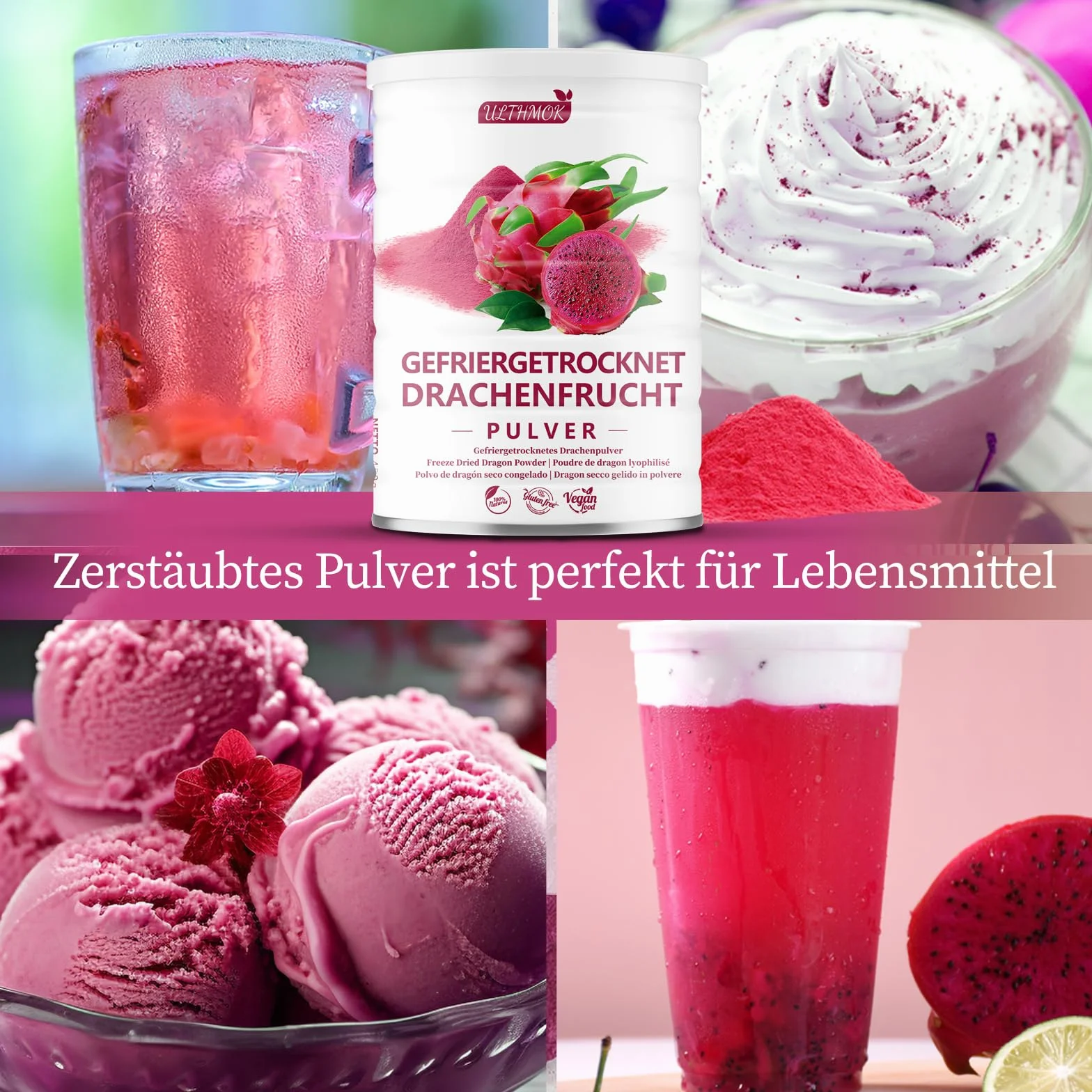 ULTHMOK Polvo Premium de Jugo de Pitaya 450g – Polvo de Pitaya de Secado por Atomización, Sin Azúcar Añadido