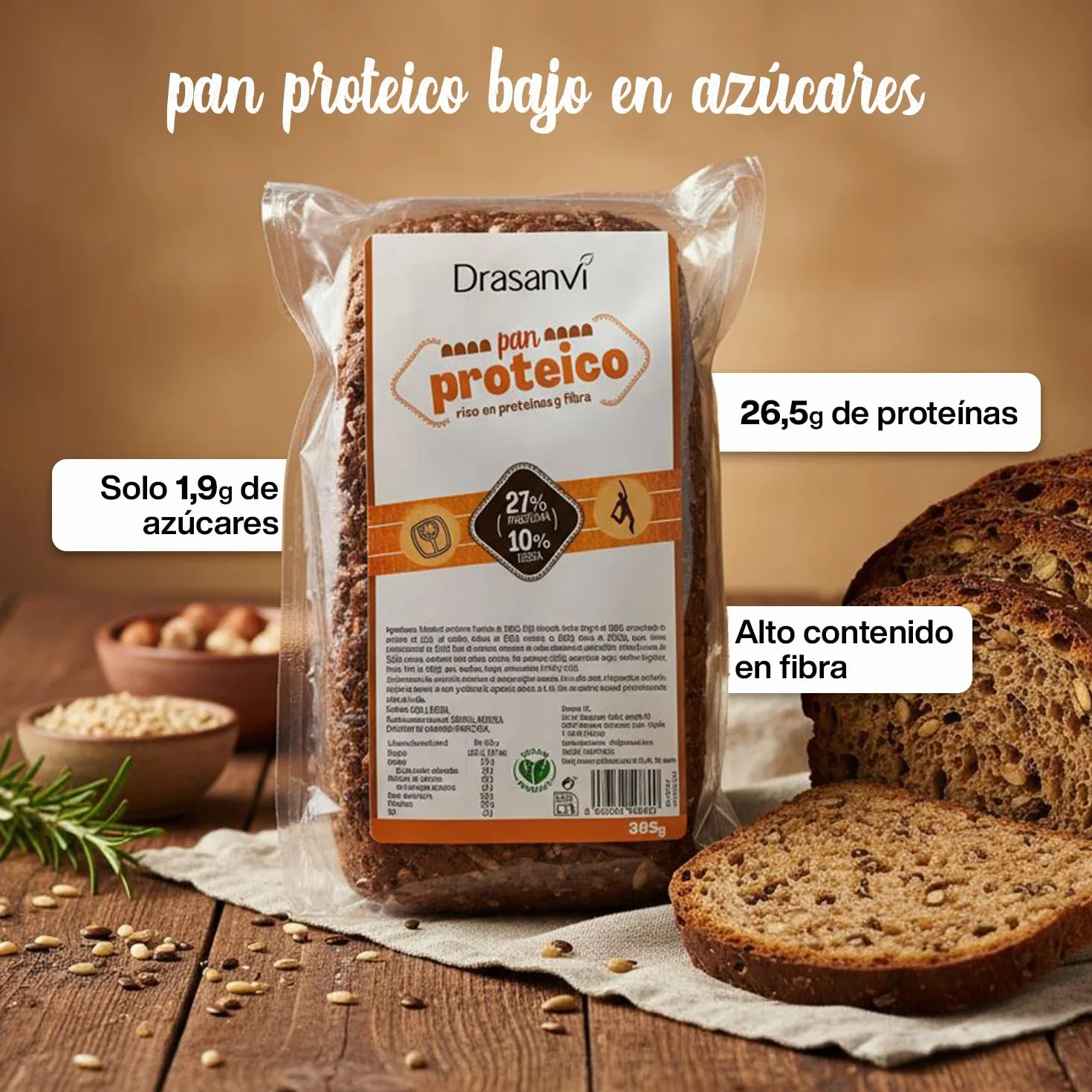 DRASANVI Pan Proteico Bajo en Carbohidratos 27% Proteínas Alto Contenido en Fibra Bajo en Azúcares y Calorías 365 gr