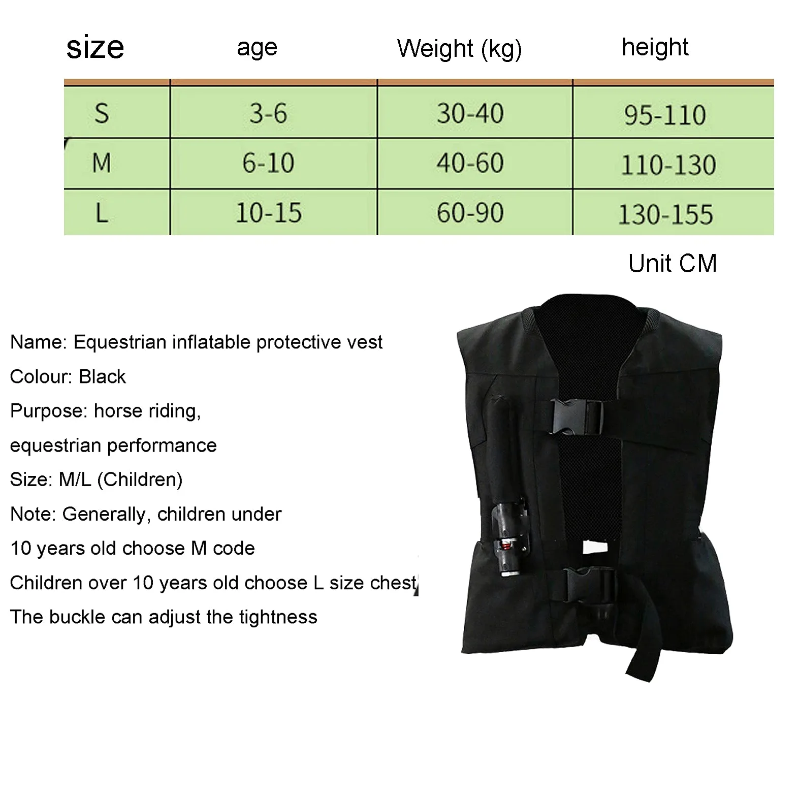 Chaleco Airbag Ecuestre for Niños Chaqueta De Bolsa De Aire for Montar En Motocicleta Hebilla De Tamaño Ajustable Abrigo Concurso Equitación